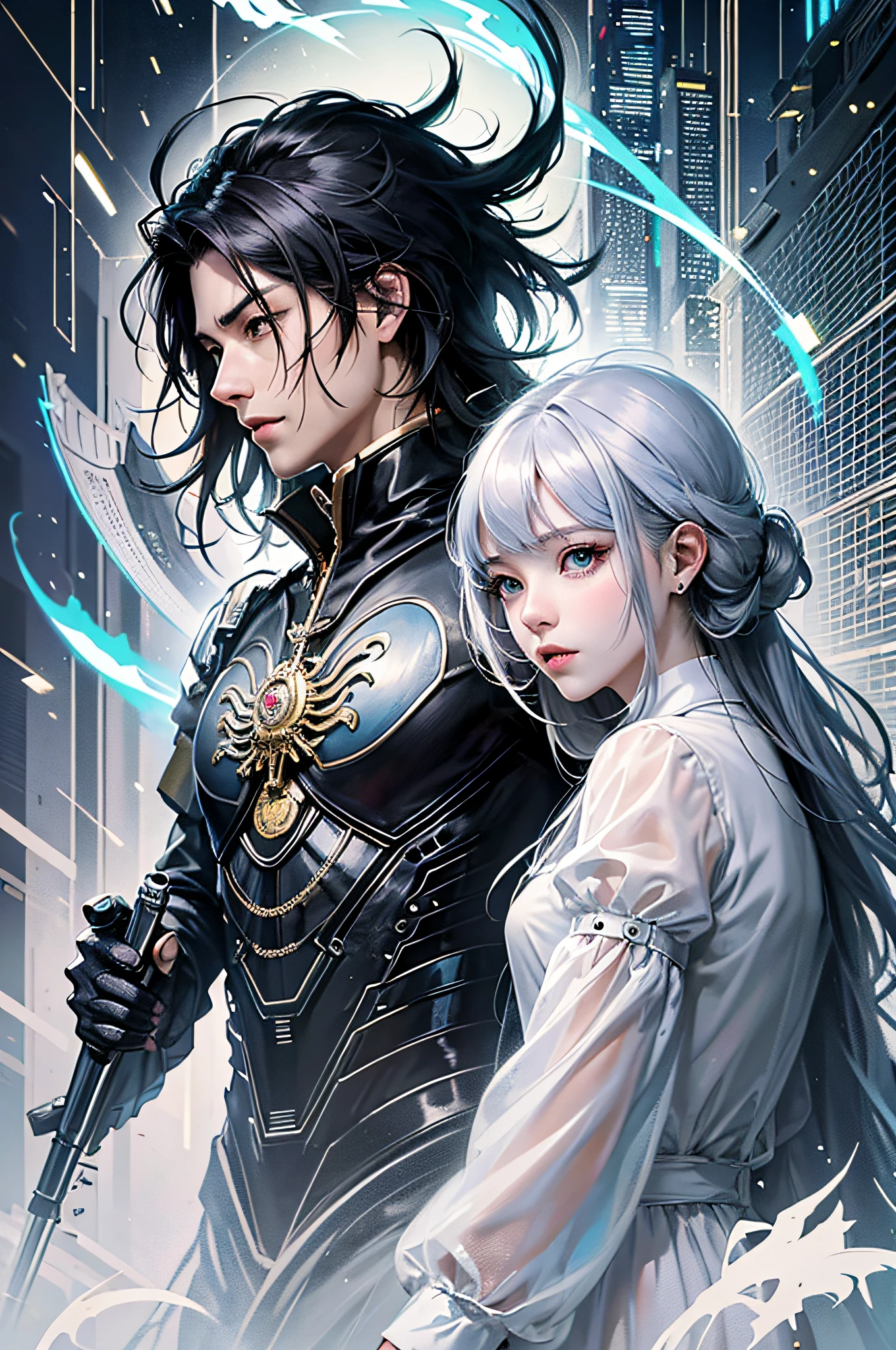 Anime couples in Future City, the background presents fantasy Guvez style, Yang J and Joao Ruas style illustrations, sharp lines in the style of Ross Tran and Bayard Wu, changeable compositions in the style of Shuzo Oshimi and Katsuya Terada, concept art of love, and the delicate beauty of the fusion of genres such as WLOP, Sakimichan, Ross Tran (1 man and 1 woman, male with pistol, black hair, female white clothes, long-haired helmet), rainy nights, heavy rain, fluorescent smeared futuristic city