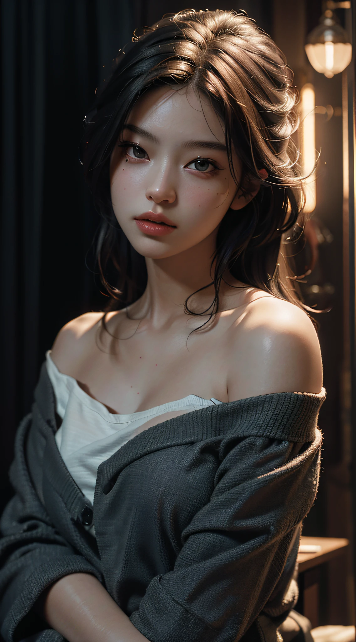 Best quality, masterpiece, ultra high res, (photorealistic:1.4), raw photo, 1girl, off shoulder, cinematic lighting