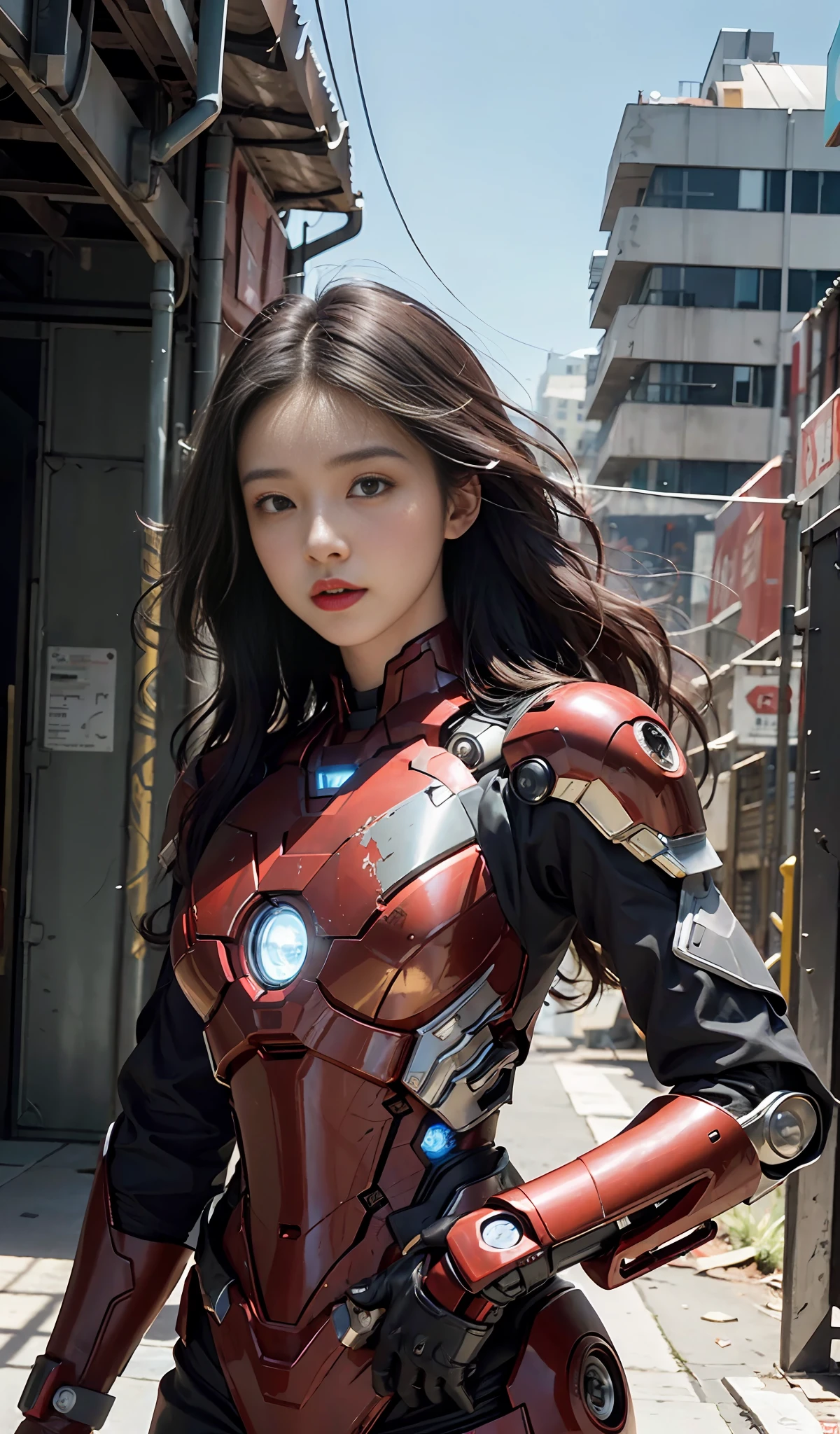 (1girl:1.3), solo,__body-parts__, official art, unity 8k wallpaper, ultra detailed, beautiful and aesthetic, beautiful, masterpiece, best quality, RAW, masterpiece, super fine photo,, best quality, super high Resolution, photorealistic, sunlight, full body portrait, stunningly beautiful,, dynamic pose, delicate face, vibrant eyes, (side view), she is wearing a futuristic Iron Man mech, red and gold, Highly detailed abandoned warehouse background, detailed face, detailed complex busy background, messy, gorgeous, milky, high detailed skin, realistic skin details, visible pores, sharp focus, volumetric fog, 8k uhd, dslr camera, High quality, film grain, fair skin, photorealism, lomography, sprawling metropolis in a futuristic dystopia, view from below, translucent