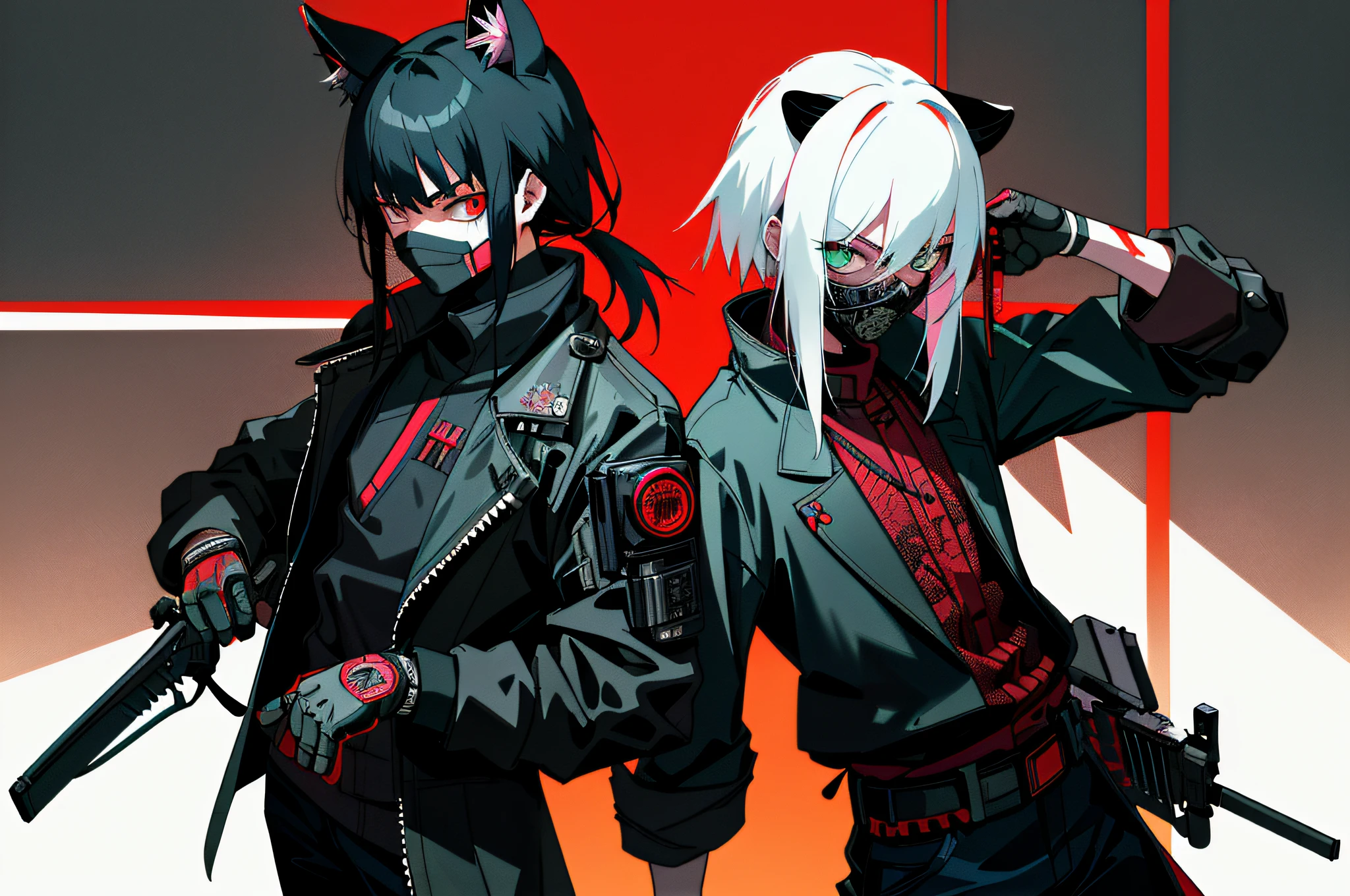 ((Masterpiece, super detailed, intricate details, best quality)) Cyberpunk Japanese ninja girl wearing cyberpunk dark tech gear, white katana behind boy, cyberpunk eyes, neon signs, after completing the mission, blood stains on clothes, blood stains on katana, no smile, cold face, cyberpunk ninja mask, contrasting shadows, night stalker, black red squad, 3girls, black pantyhose, white pantyhose, cyberpunk armor for boy, money, scary mask, animal ears , white hair, red hair, black hair, medium chest, small chest, knife, cyberpunk gun, explicit girl outfit, warm background, post-apocalyptic cyberpunk, drinking in a bar, celebrating