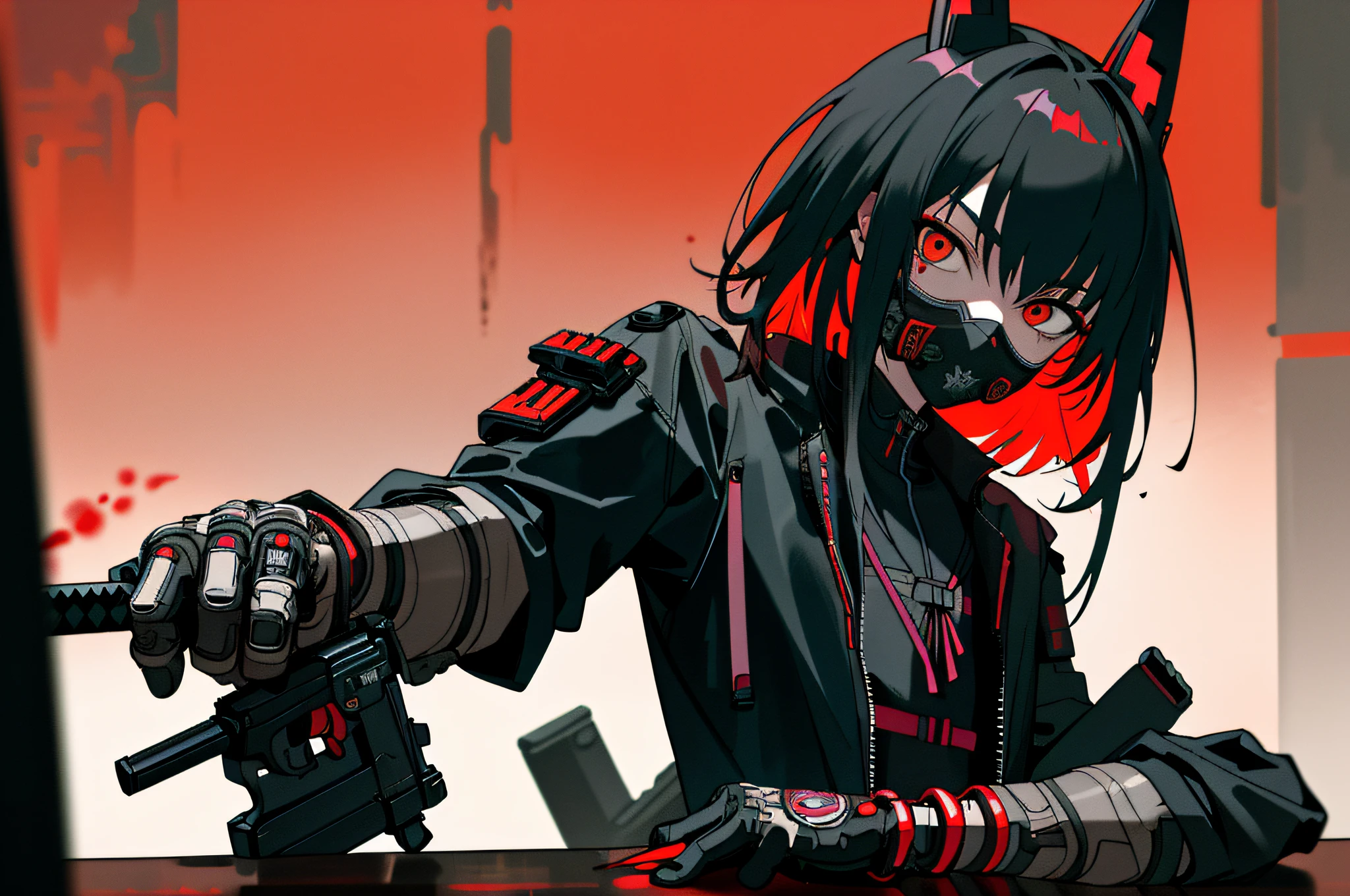 ((Masterpiece, super detailed, intricate details, best quality)) Cyberpunk Japanese ninja girl wearing cyberpunk dark tech gear, white katana behind boy, cyberpunk eyes, neon signs, after completing the mission, blood stains on clothes, blood stains on katana, no smile, cold face, cyberpunk ninja mask, contrasting shadows, night stalker, black red squad, 3girls, black pantyhose, white pantyhose, cyberpunk armor for boy, money, scary mask, animal ears , white hair, red hair, black hair, medium chest, small chest, knife, cyberpunk gun, explicit girl outfit, warm background, post-apocalyptic cyberpunk, drinking in a bar, celebrating