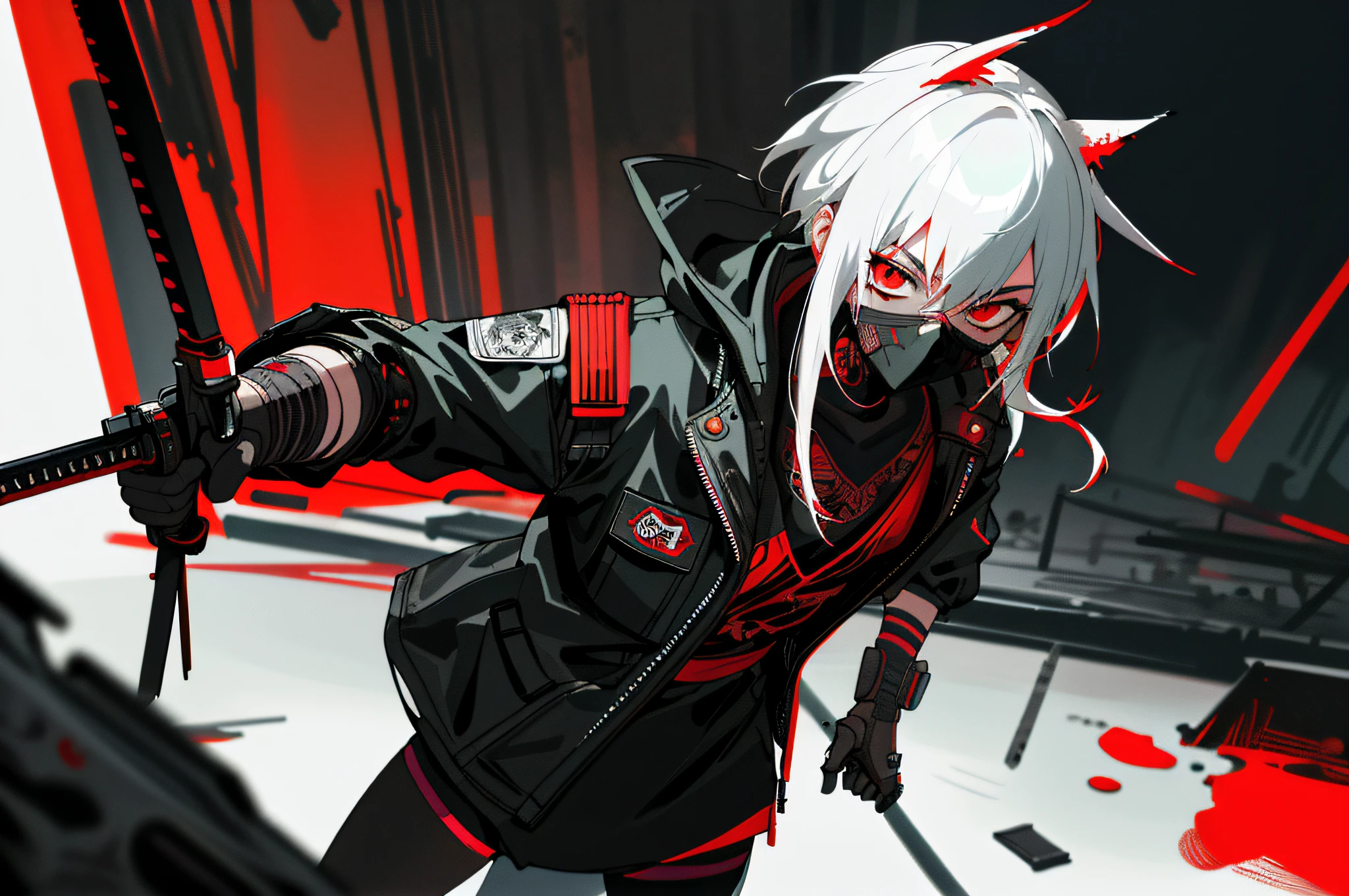 ((Masterpiece, super detailed, intricate details, best quality)) Cyberpunk Japanese ninja girl wearing cyberpunk dark tech gear, white katana behind boy, cyberpunk eyes, neon signs, after completing the mission, blood stains on clothes, blood stains on katana, no smile, cold face, cyberpunk ninja mask, contrasting shadows, night stalker, black red squad, 3girls, black pantyhose, white pantyhose, cyberpunk armor for boy, money, scary mask, animal ears , white hair, red hair, black hair, medium chest, small chest, knife, cyberpunk gun, explicit girl outfit, warm background, post-apocalyptic cyberpunk, drinking in a bar, celebrating