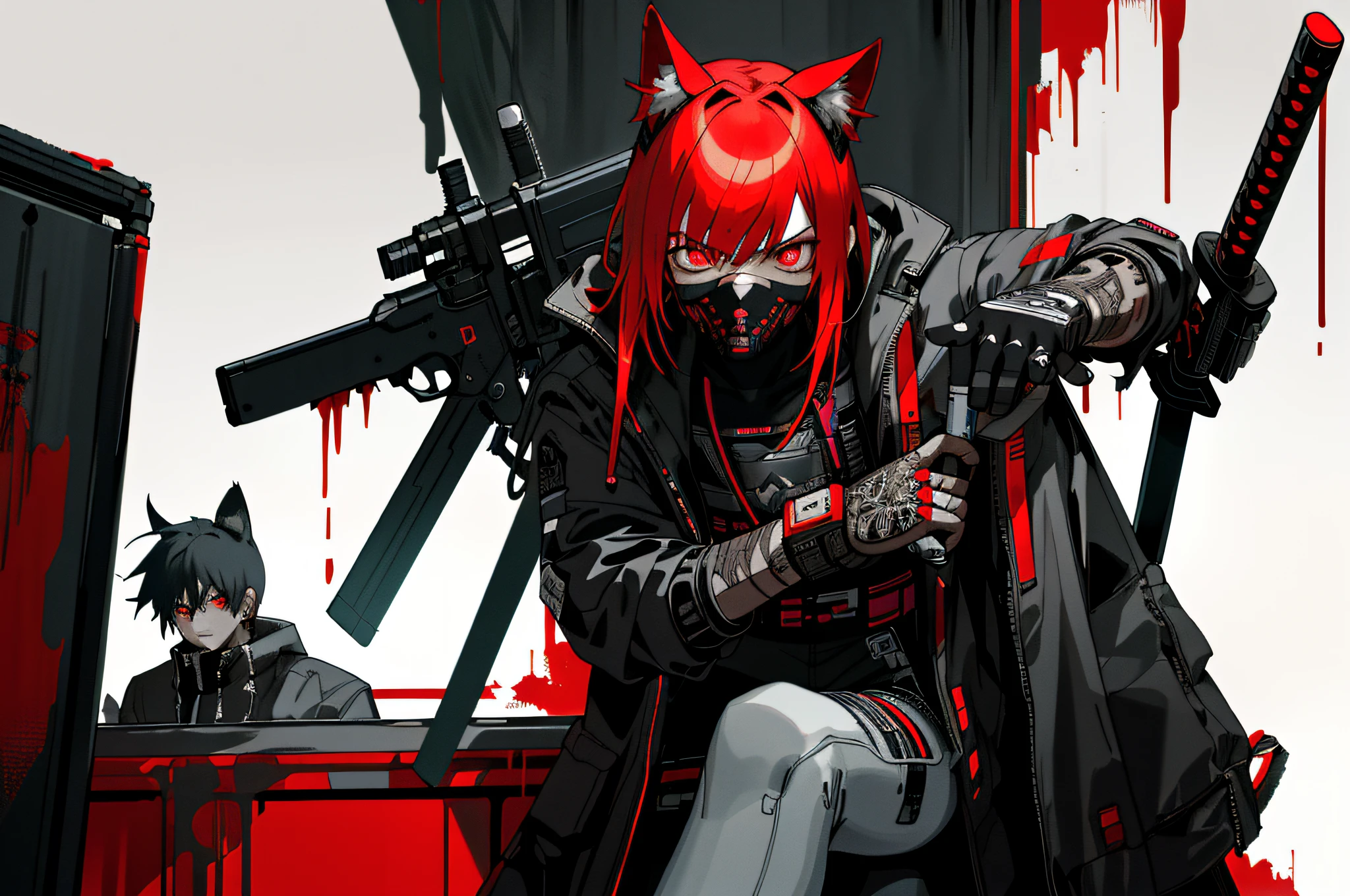 ((Masterpiece, super detailed, intricate details, best quality)) Cyberpunk Japanese ninja girl wearing cyberpunk dark tech gear, white katana behind boy, cyberpunk eyes, neon signs, after completing the mission, blood stains on clothes, blood stains on katana, no smile, cold face, cyberpunk ninja mask, contrasting shadows, night stalker, black red squad, 3girls, black pantyhose, white pantyhose, cyberpunk armor for boy, money, scary mask, animal ears , white hair, red hair, black hair, medium chest, small chest, knife, cyberpunk gun, explicit girl outfit, warm background, post-apocalyptic cyberpunk, drinking in a bar, celebrating