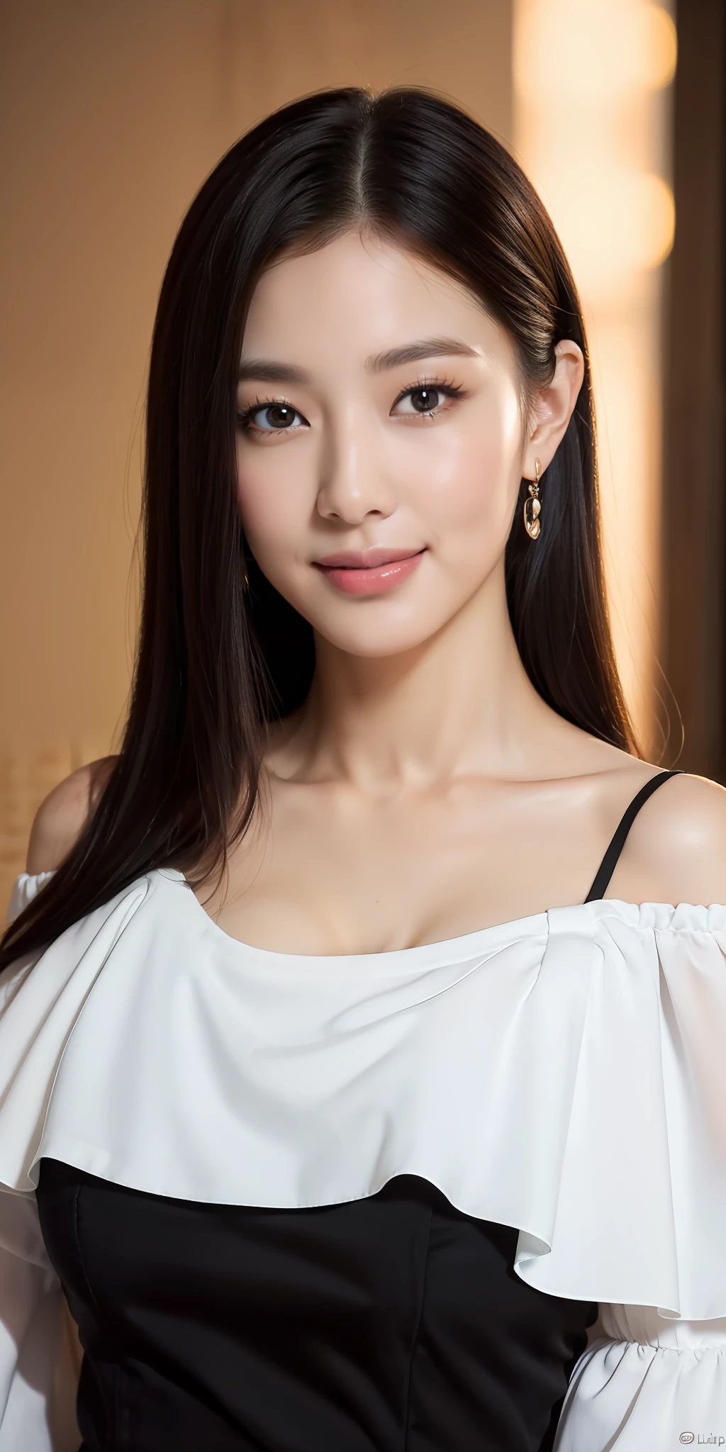 ((Top Quality, 8k, Masterpiece: 1.3)), Sharp Focus: 1.2,1 Perfect figure Pretty Women: 1.4, black hair, huge breasts, wearing a white blouse, highly detailed face and skin texture, detailed eyes, double eyelids, off-shoulder,smiling