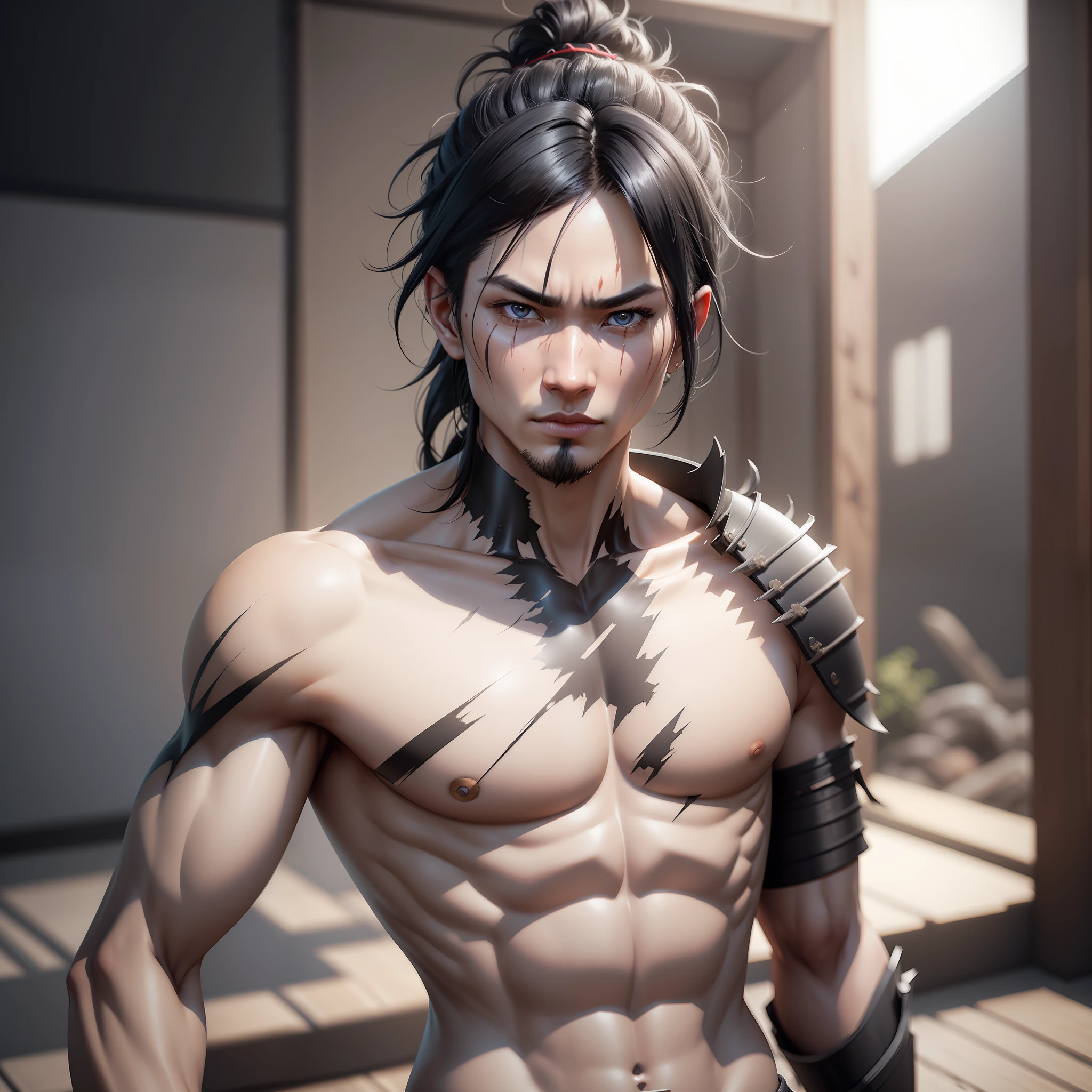 Samurai man,hair tied and shredded,black hair,pale skin,left arm of bone,torn clothing,scar on face,Detailed,3D,Unreal Engine 5 4K UHD image, Unreal Engine 5, Unreal Engine 5 Tech Demo, menacing. Unreal 5, Unreal Engine 5 Showcase, Unreal Engine 5 Demo, Unreal Engine 5 Detail, Cinematic Unreal Engine 5, Unreal Engine 5