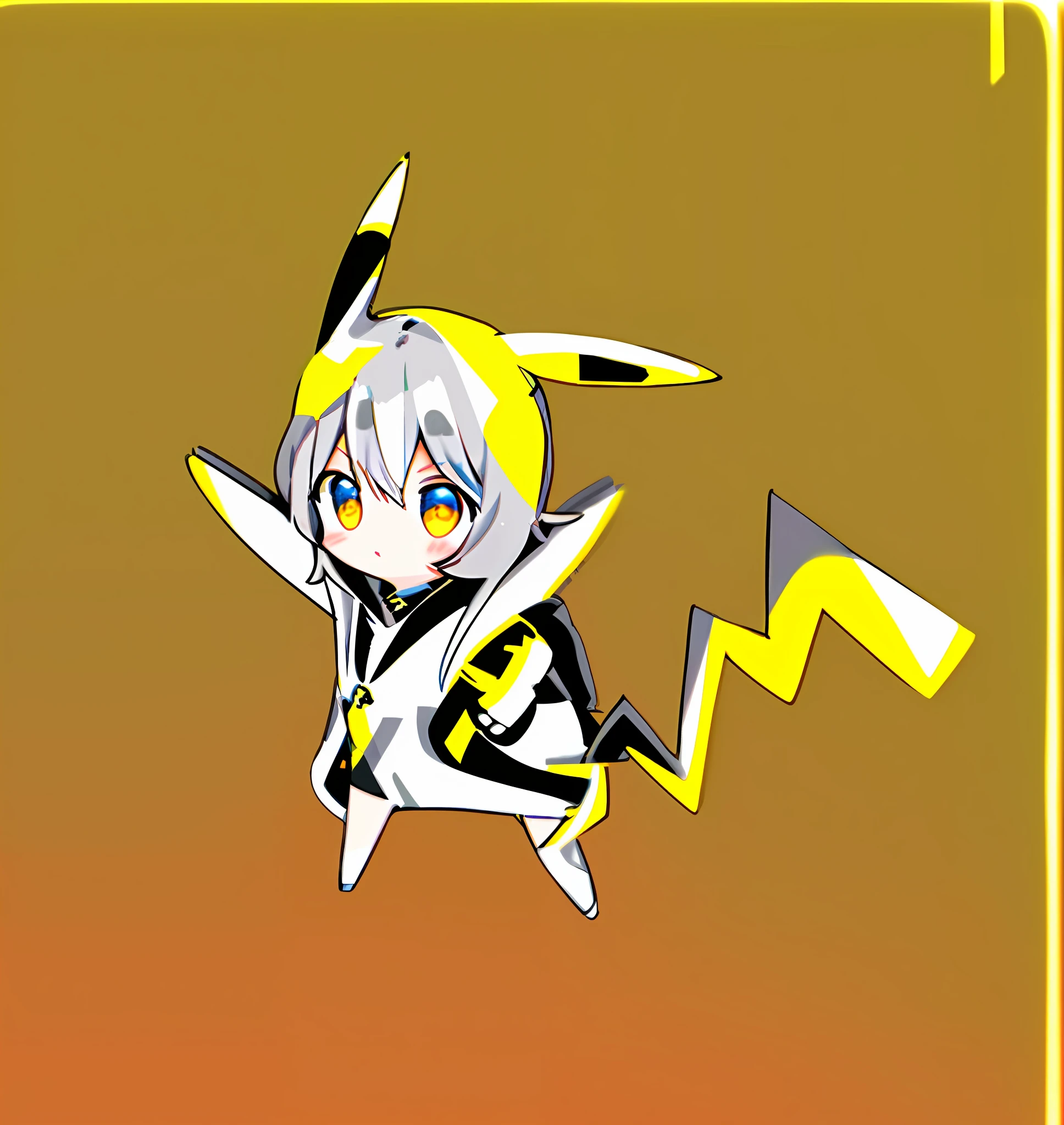 PadoruMeme 1girl, cute girl, Pikachu hoodie, yellow and black hoodie, lightning, monochrome background, silver hair, yellow tail