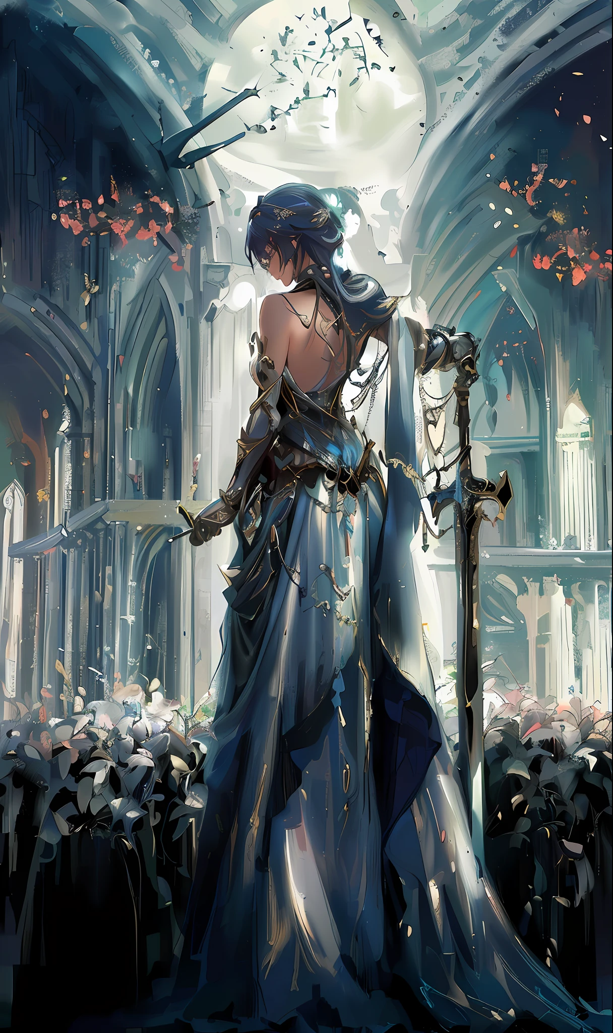 there is a woman in a dress holding a sword in a large room, epic exquisite character art, by Yang J, of a beautiful female knight, elegant cinematic fantasy art, 2. 5 d cgi anime fantasy artwork, breathtaking fantasy art, epic fantasty card game art, beautiful female knight, high quality fantasy art, beautiful fantasy art, fantasy paladin woman