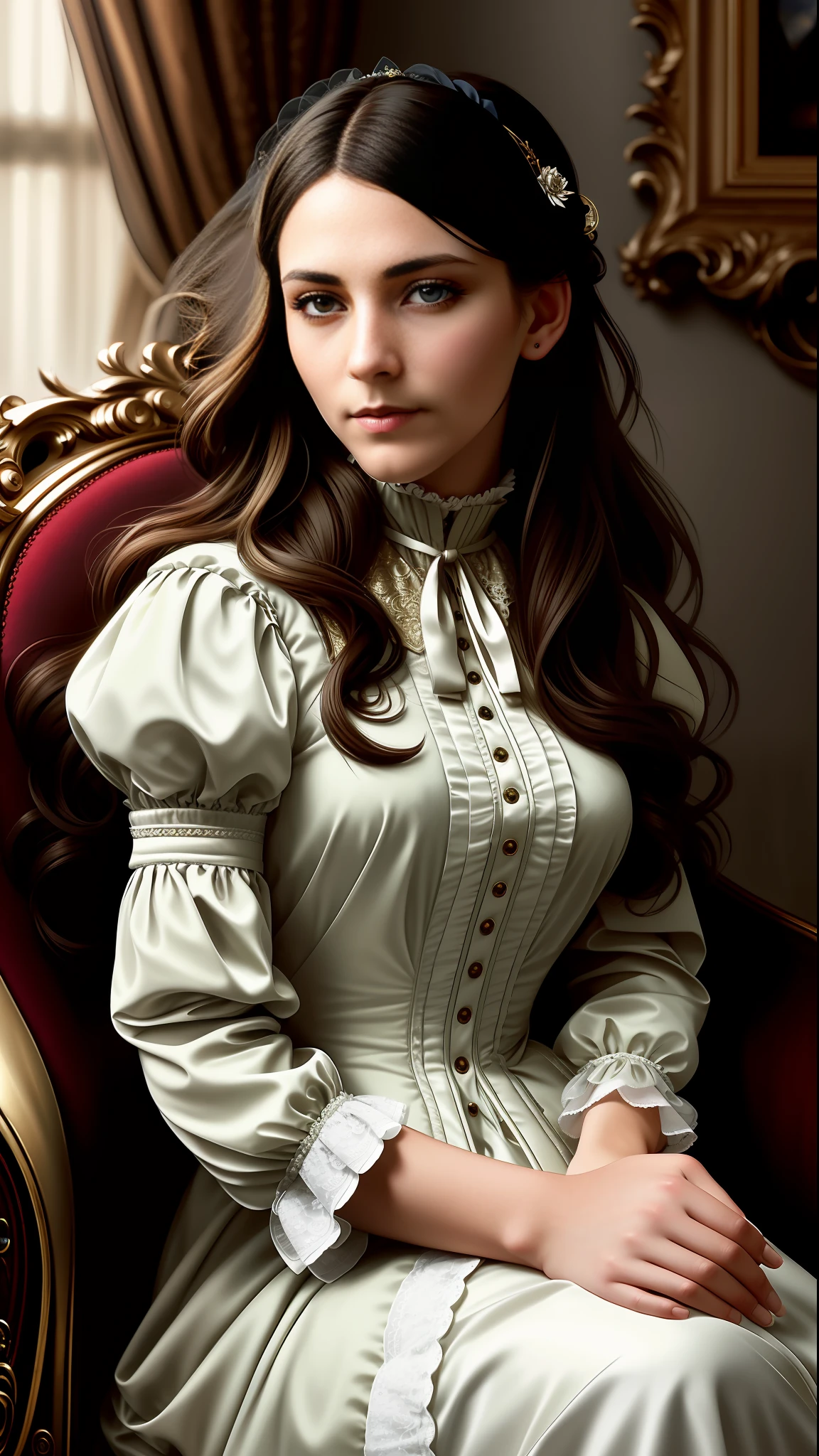a professional film photograph of, ((Victorian era)) beautiful woman, long hair and hazelnut eyes, full body, scarpin shoes, sitting in a Louis XV armchair, very beautiful, looking at the viewer, sharp focus shot, uhd, hdr, professional color gradation, perfectly shaded, photo, high quality, hi-res, detail enhancement, 8K, Hi-Res Scan, (Nikon D800 photo, 50mm Zeiss Lens), spotlight, trending in ArtStation, CGSociety, intricate, high detail, sharp focus, dramatic, photorealistic painting art by greg Rutkowski