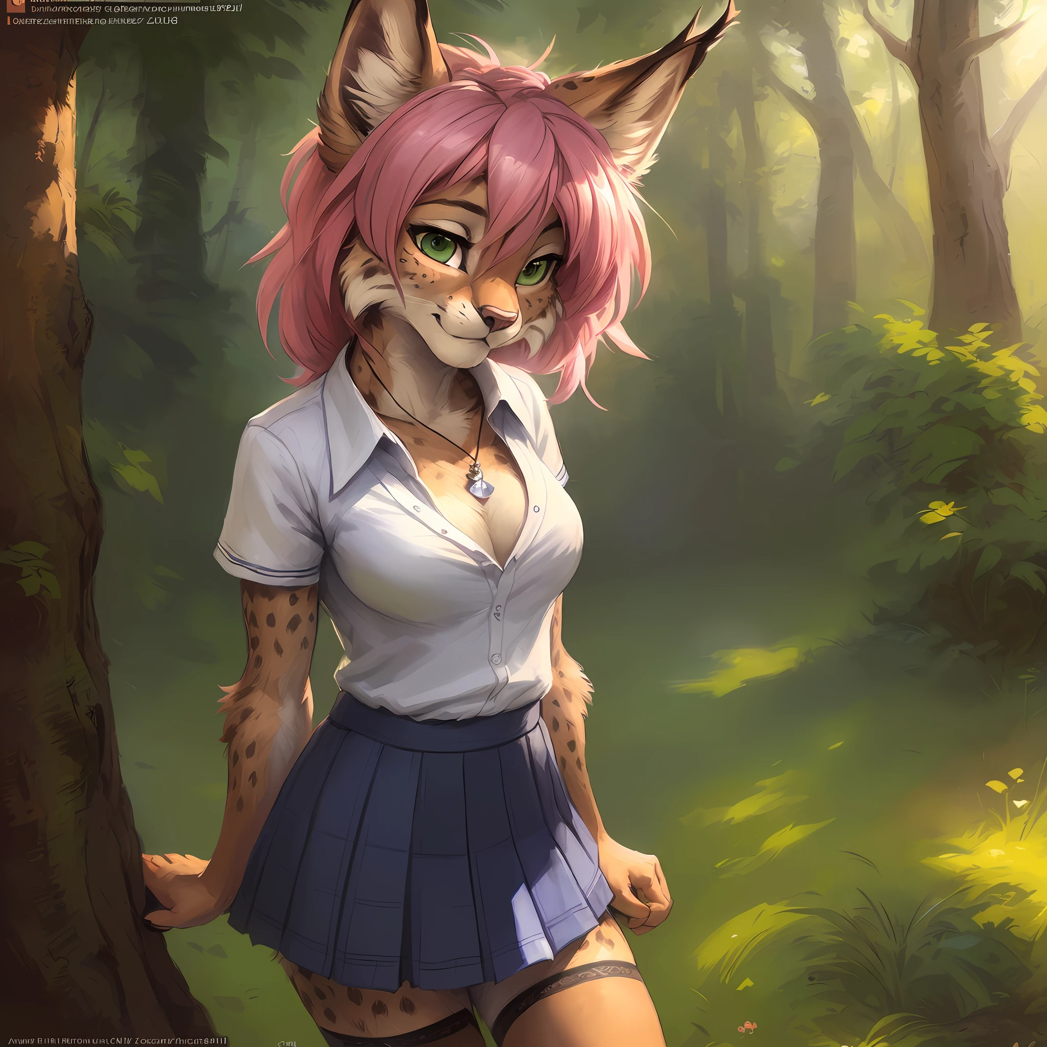 uploaded the e621, beautiful and detailed portrait of a female (((woman))) anthro lynx, kenket, Ross Tran,ruan jia, uploaded to e621, zaush, foxovh, zenematic lighting, seductive, bl, lynx, thighighs, big chest, full body, beautiful, messy hair, pink hair, school girl uniform, high stockings ((absolute territory)), blue skirt ((absolute territory)), nervous, young ((18 years old)), school, shy, sweating, embarrassed, green eyes, suggestive posing, solo