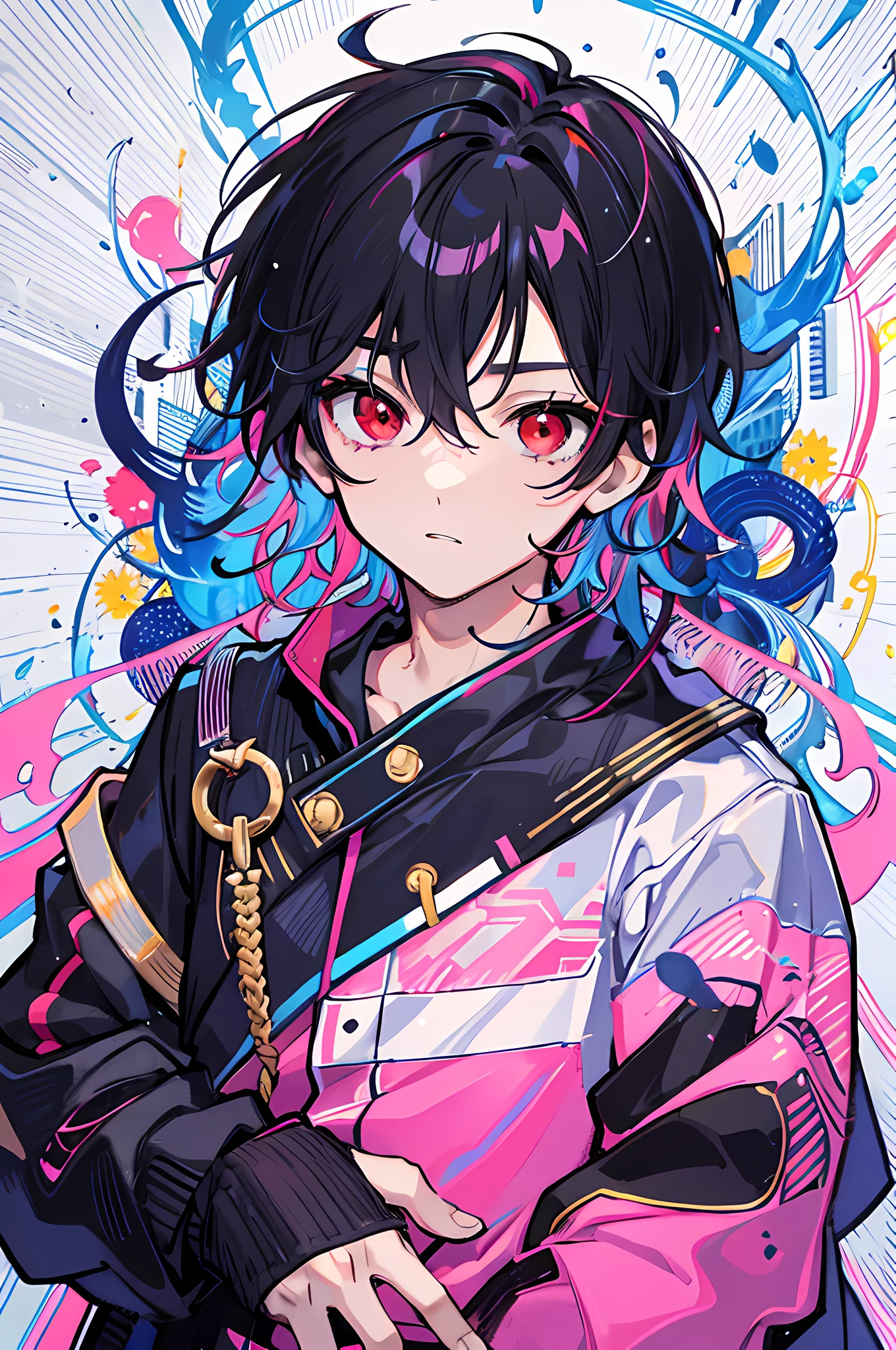 origin ,1 boy, handsome boy, black hair, comma hair, forehead comma hair, korean hair, Red eyes, pink and blue splash, looking at viewer, upper body