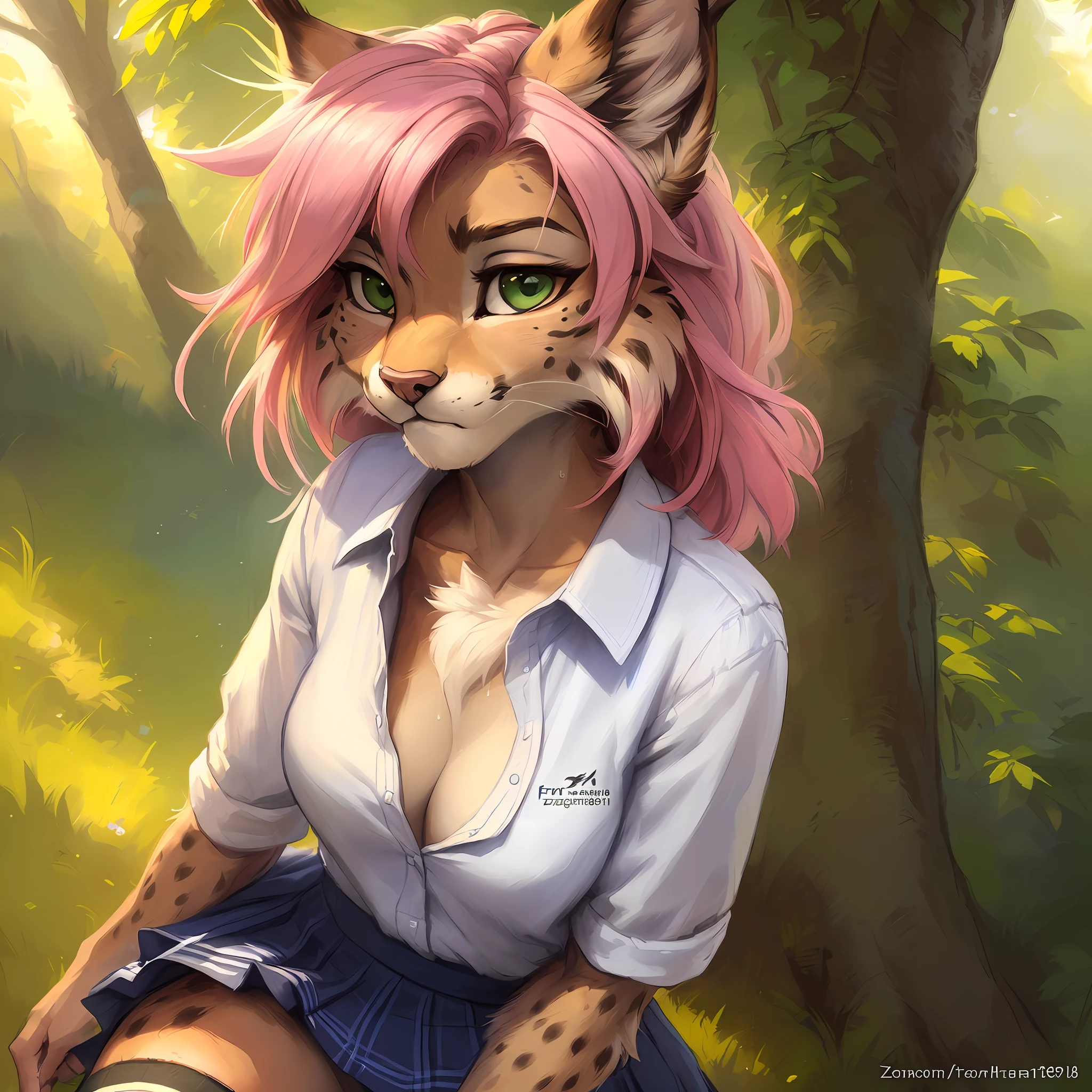 uploaded the e621, beautiful and detailed portrait of a female (((woman))) anthro lynx, kenket, Ross Tran,ruan jia, uploaded to e621, zaush, foxovh, zenematic lighting, seductive, bl, lynx, thighighs, big chest, full body, beautiful, messy hair, pink hair, school girl uniform, high stockings ((absolute territory)), blue skirt ((absolute territory)), nervous, young ((18 years old)), school, shy, sweating, embarrassed, green eyes, suggestive posing, solo