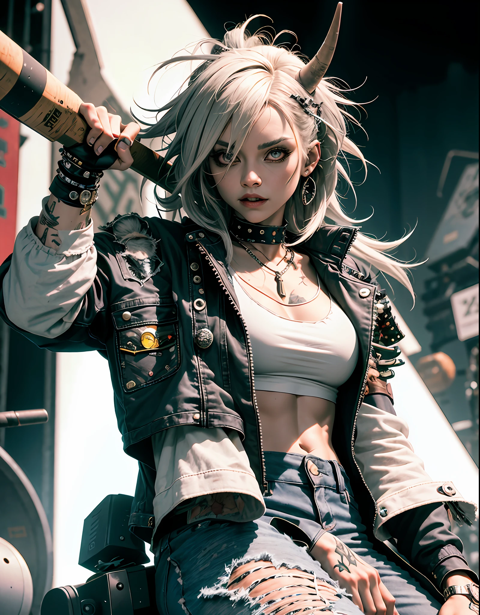 (Masterpiece), (best quality), (8k resolution), (monster girl), (Oni girl), (1 large horn), ((large black horn)), ((pale gray skin)), (iron gray skin), ((punk rock clothes)),((studded jacket)), ((ripped white undershirt)), ((ripped jeans)), ((tall)), (muscular), medium chest, (long hair), (messy hair), (white hair), (iron gray hair), ((on stage)), (drumming), ((drumsticks in hands)), ((sitting at drum kit))