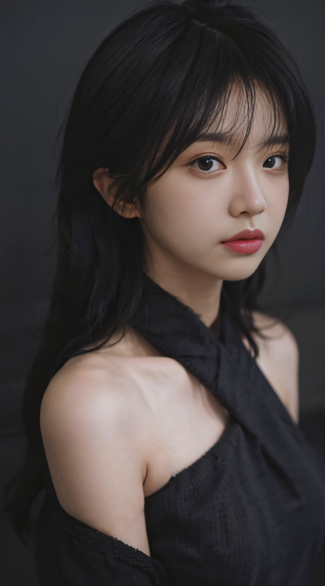 Best Quality, Masterpiece, Ultra High Resolution, Supermodel, Shoulder Bust Portrait Photo, Black Sweater (Realism: 1.8), Original Photo, 1girl, Bare Shoulders, In the Dark, Deep Shadow, Understated, Cold Light