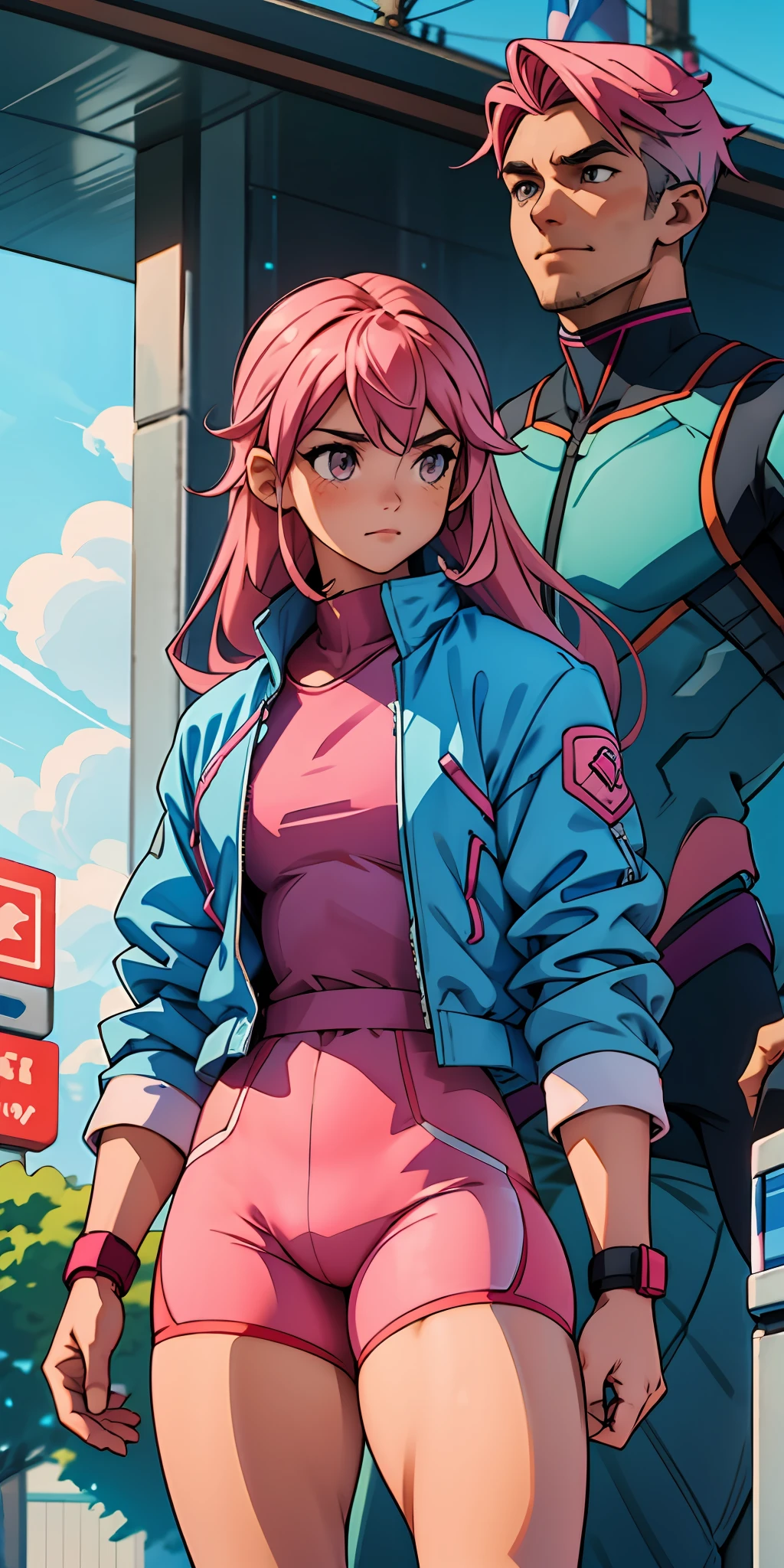 Muscular,boy,male,, thick thighs, pretuberance, long pink hair, bulge cycling shorts, blue and pink jacket