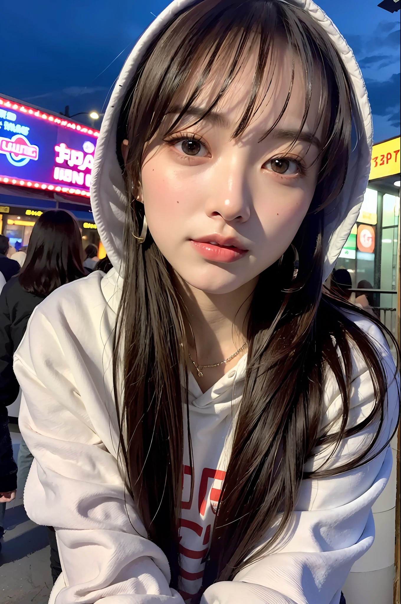 (8k, RAW photo, best quality, masterpiece:1.2), ultra detailed, ultra high res,
(realistic, photo realistic:1.37), high detail RAW color photo, professional photograph,
an extremely delicate and beautiful, extremely detailed, 8k wallpaper, Amazing, finely detail, huge file size, official art, extremely detailed CG unity 8k wallpaper,
extremely detailed beautiful girl, extremely detailed face, extremely detailed eyes, extremely detailed skin, extremely detailed fingers, extremely detailed nose, extremely detailed mouth, perfect anatomy, highly detailed background, extremely detailed clothing,
1girl, (18 years old:1.2), teenage, cute girl, famous japanese idol, kawaii,
(small breasts:1.2), realistic body, petite,
fair skin, shiny skin, slender body, good figure,
black hair, long straight hair, (blunt bangs:1.2),
smile, cute, young, cute face, baby face, realistic face,
beautifully detailed eyes, drooping eyes, beautiful big eyes, large dark eyes, beautiful and clear eyes,
(hoodie:1.2), short sleeve, short pants, thigh, necklace, earrings,
looking at viewer, cowboy shot, front view, standing posture, contrapposto,
outdoors, (night:1.2), neon city, neon light, neon sign, public, crowd,
dynamic lighting, front lighting,