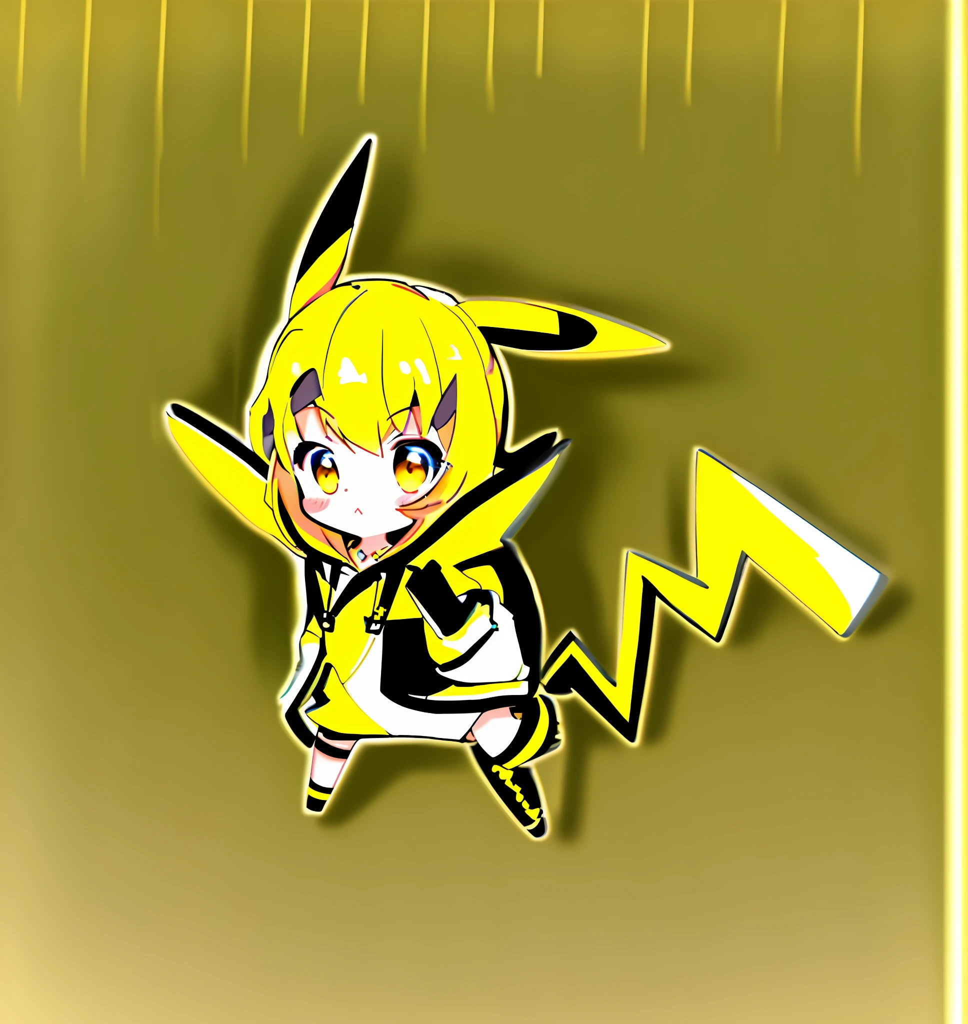 PadoruMeme 1girl, cute girl, (Pikachu hoodie 1.1), yellow and black hoodie, lightning, monochrome background, yellow tail,