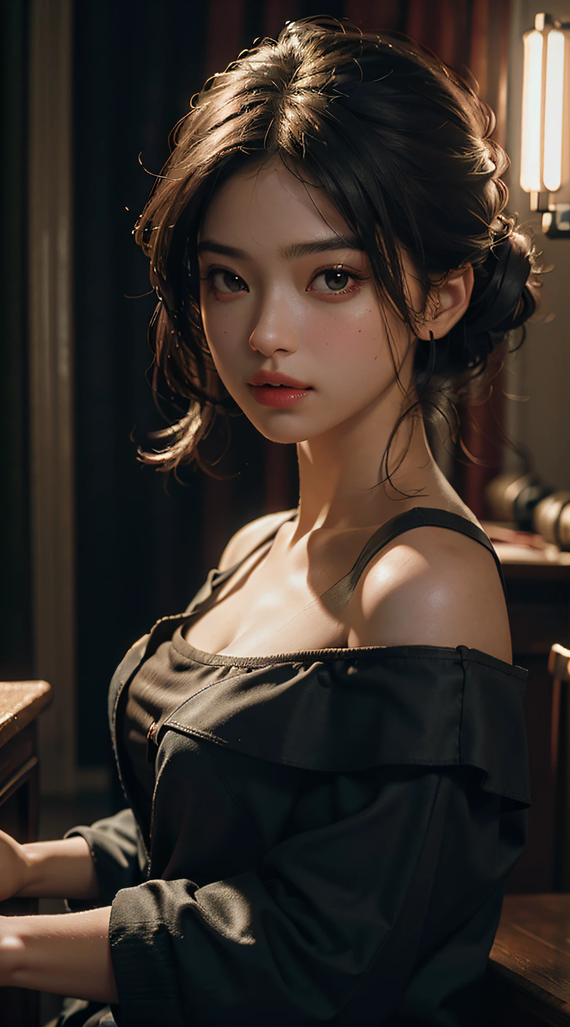 Best quality, masterpiece, ultra high res, (photorealistic:1.4), raw photo, 1girl, off shoulder, cinematic lighting
