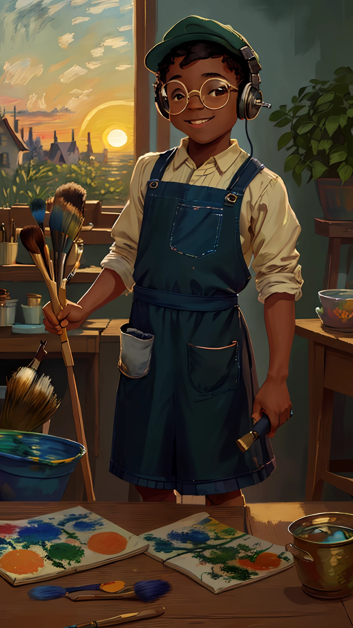 A black boy, round glasses, apron, painter, holding a brush, cap, headphones, painting, happy, happy, perfect quality, clear focus (clutter - house: 0.8), (masterpiece: 1.2) (realistic: 1.2) (bokeh) (best quality) (detailed skin: 1.3) (intricate details) (8K) (detail eyes) (sharp focus), (happy), in the background Claude Monet painting, Monet painting, beautiful uhd art 4 k, Impression, Sunrise (Impression, soleil levant) Impression, Sunrise (Impression, soleil levant), by Claude Monet, impressionist art, painting by Claude Monet