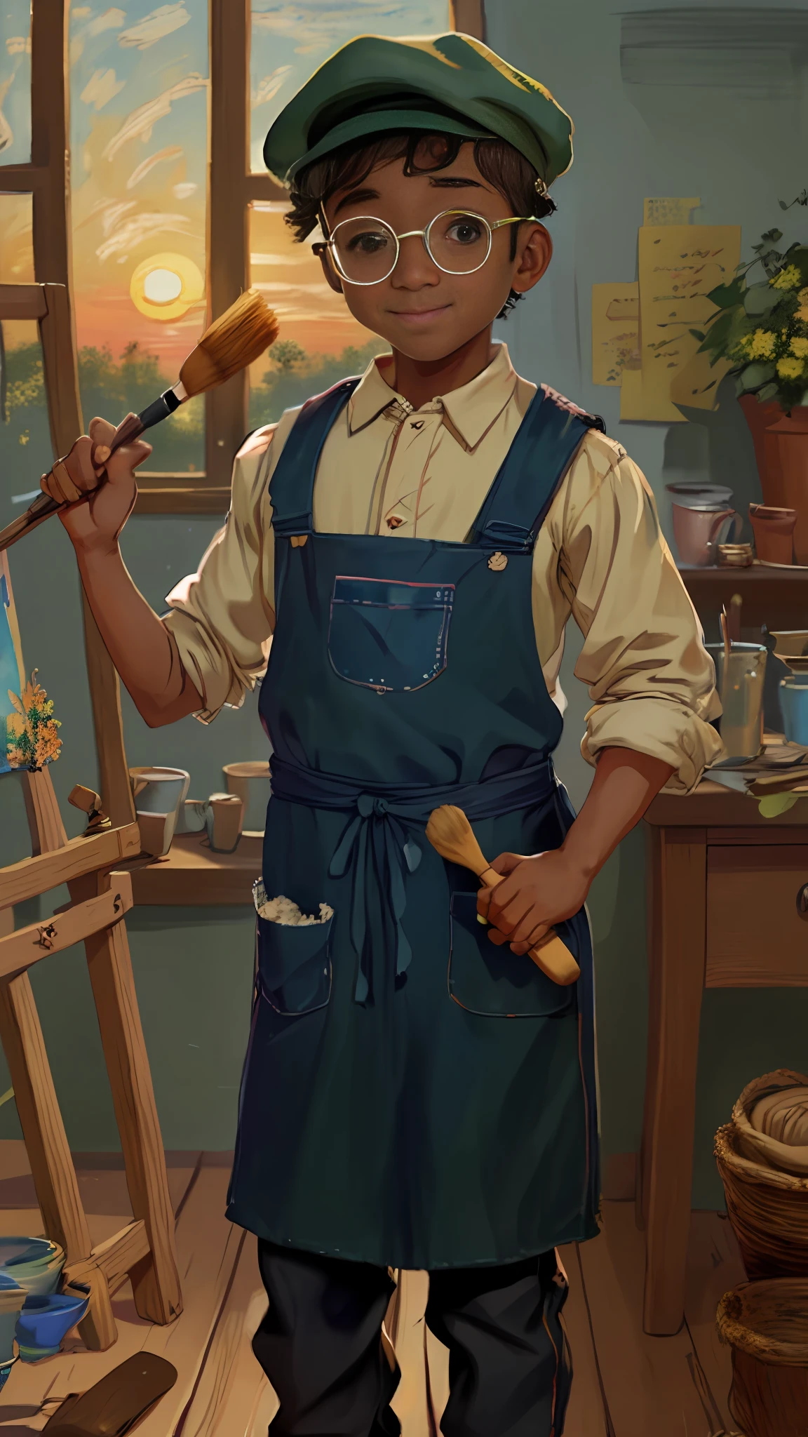 A black boy, round glasses, apron, painter, holding a brush, cap, green cap, headphones, painting, happy, happy, perfect quality, clear focus (clutter - house: 0.8), (masterpiece: 1.2) (realistic: 1.2) (bokeh) (best quality) (detailed skin: 1.3) (intricate details) (8K) (detail eyes) (sharp focus), (happy), in the background Claude Monet painting, Monet painting, beautiful uhd art 4 k, Impression, Sunrise (Impression, soleil levant) Impression, Sunrise (Impression, soleil levant), by Claude Monet, impressionist art, painting by Claude Monet