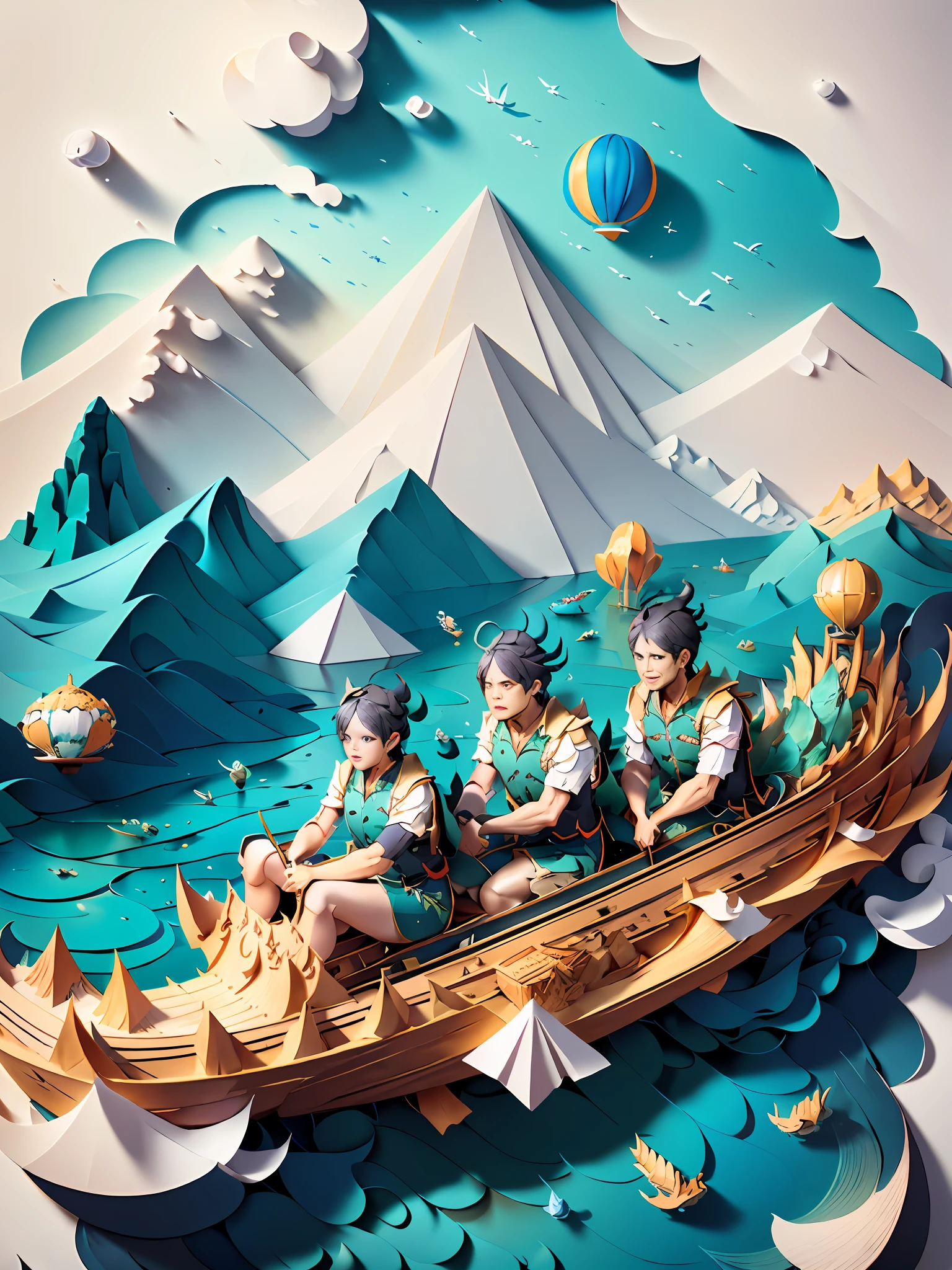 Dragon Boat Festival, Dragon Boat, River, Mountain, Polygon Trend, Digital Art, Layered Paper Art, Paper Art, Original and Creative Landscape, Paper Modeling Art, Complex 3D Illustration, Landscape Art Detailed, Great Digital Art with Detail, ((((Masterpiece))), Best Quality, Illustration, Water, Wind, Space, paper_cut,