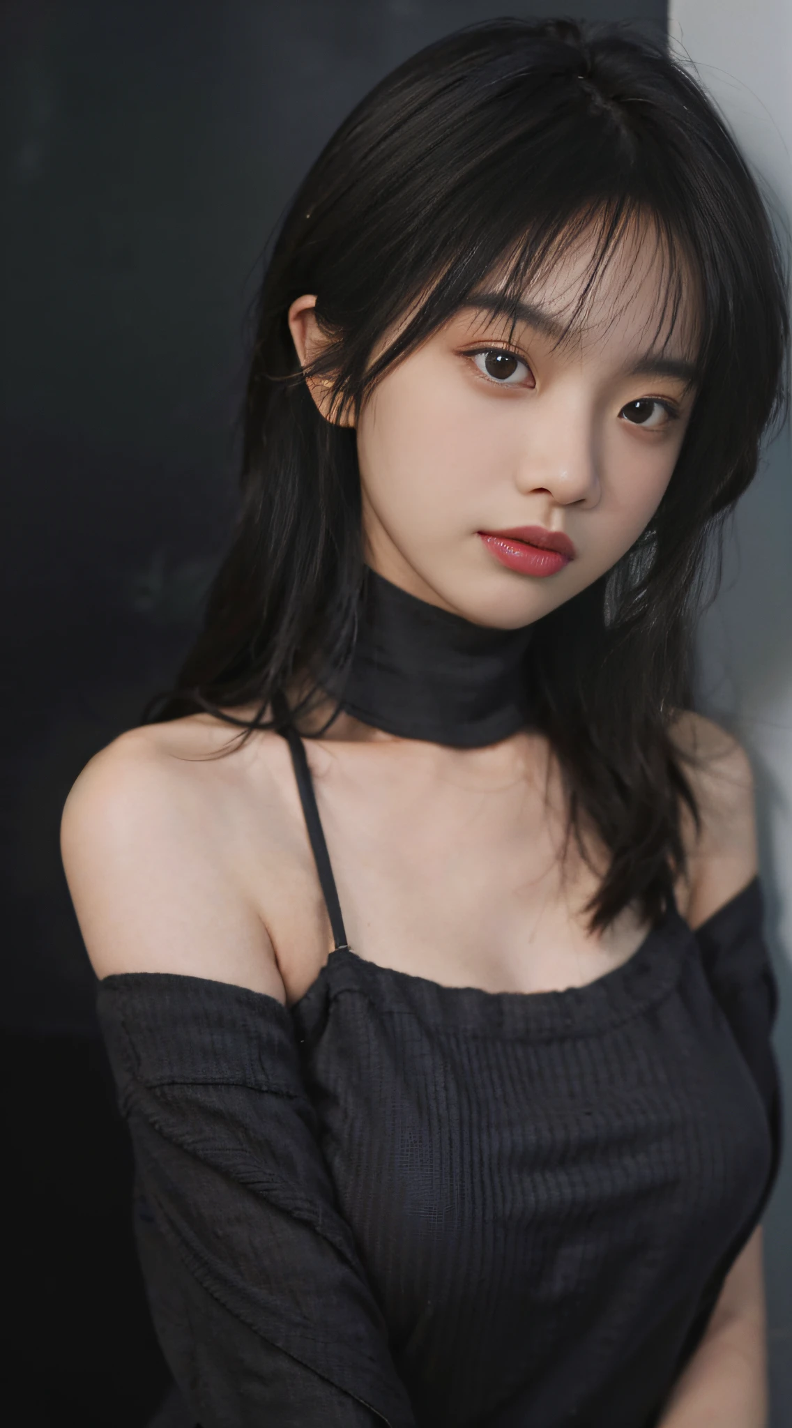 Best Quality, Masterpiece, Ultra High Resolution, Supermodel, Shoulder Bust Portrait Photo, Black Sweater (Realism: 1.8), Original Photo, 1girl, Bare Shoulders, In the Dark, Deep Shadow, Understated, Cold Light