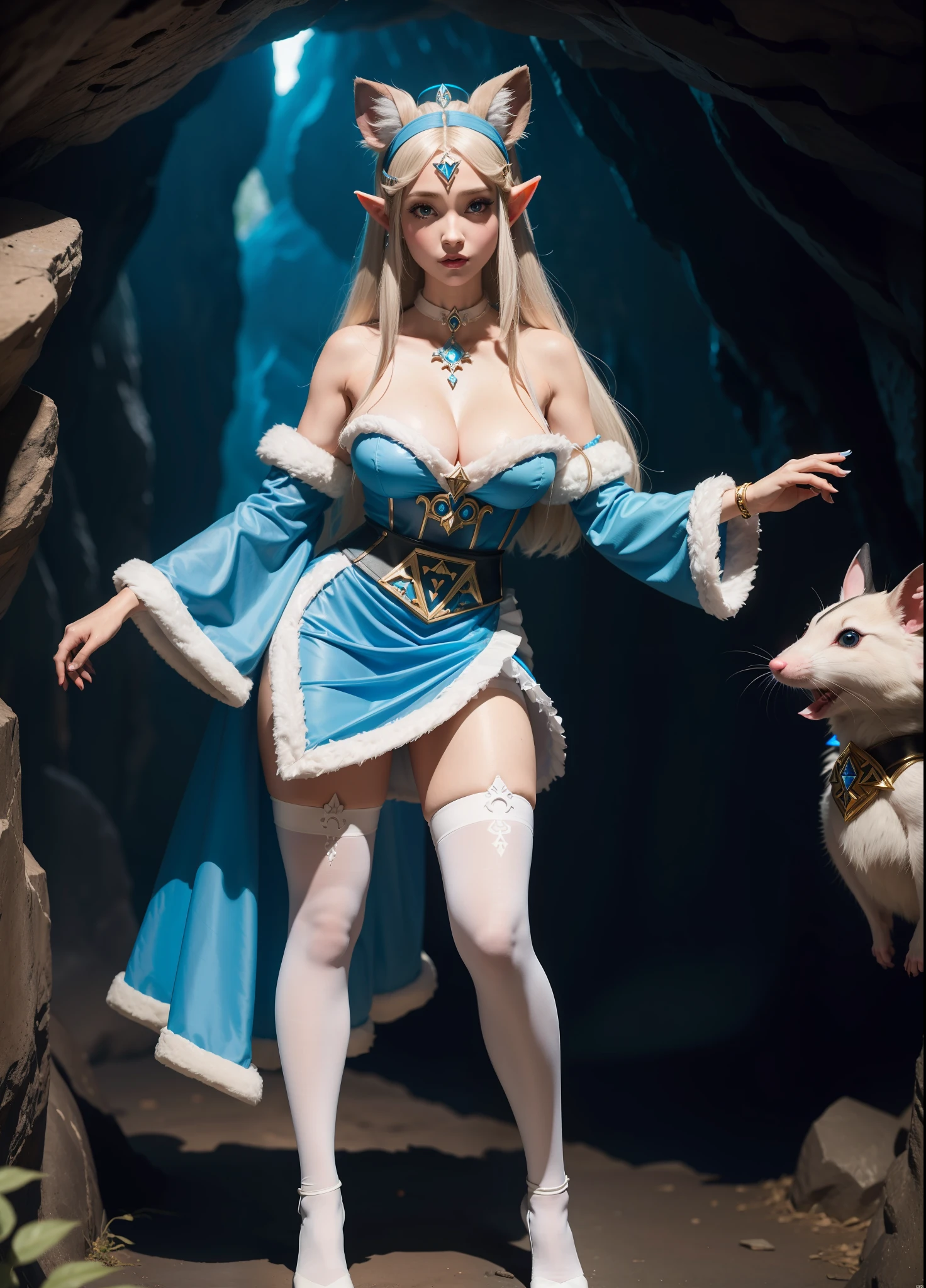 Full body, Princess Zelda as a humanoid possum, with blue fur, large breasts, in a black maid's outfit with white skirt and white pantyhose with clip on the skirt, she is inside a cave, 16k, highres, best quality, award-winning, high details, anatomically correct, masterpiece, UHD, ccurate, retina
