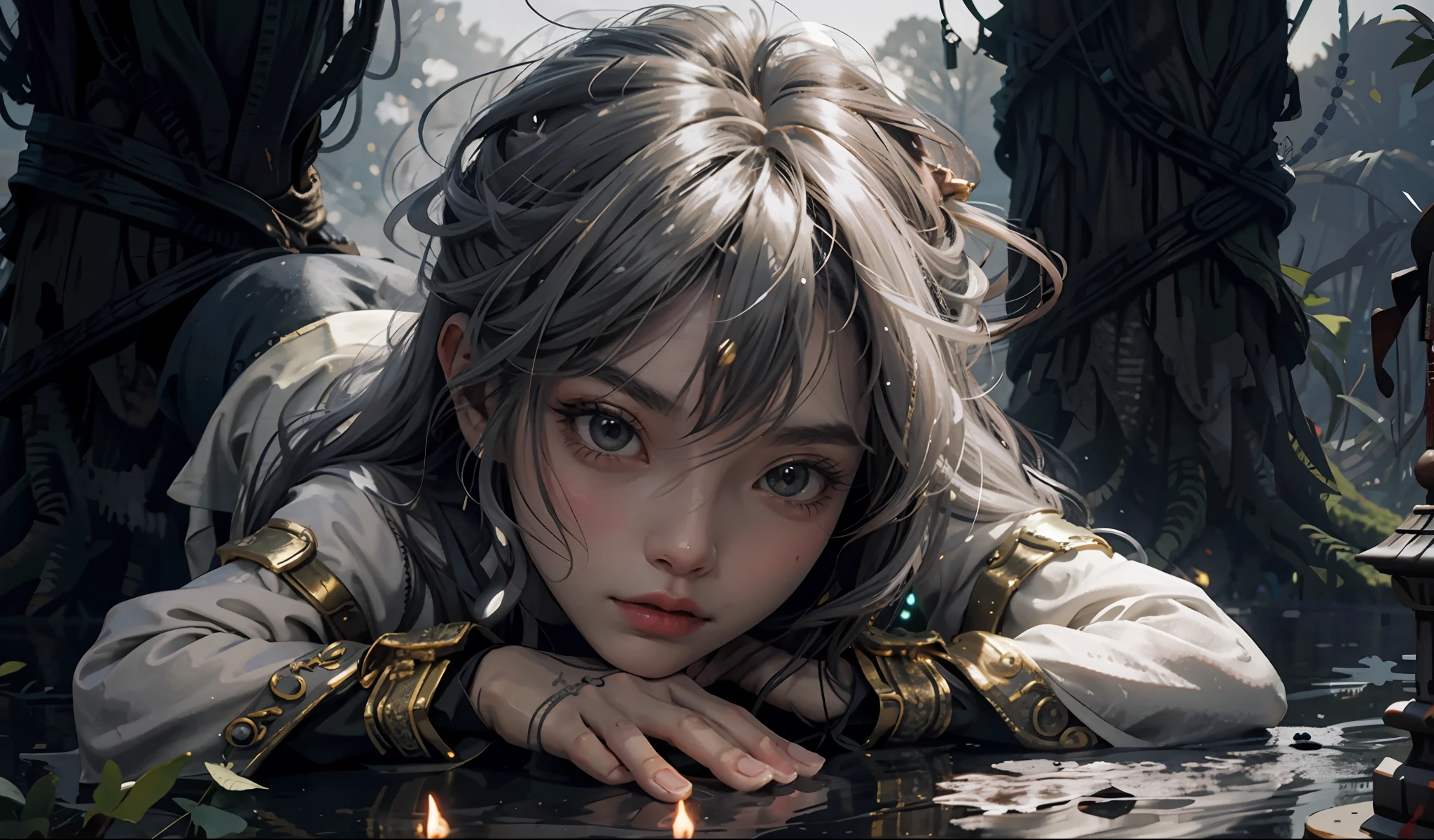 Wolf, (Wolf's Giant Claw, Wolf Green Light: 1.2), (Wolves Surround Her: 1.6), Murderous, Combative, (Blood Moon: 1.4), Cold, Flame, Cobweb, Candle, (Torture Device: 1.1), (Floating Colorful Spark: 1.2), (Energy Beam: 1.3), Cyberpunk Neon, Volcano, (Lava: 1.1), Doomsday Atmosphere, Soaring Flames, Candlelight, Desperate and Helpless Prisoners, Prisons, Prisons, East Asian Architecture, Ancient China, Skeletons, Horror, Creepy, bloody, huge war battle scene, epic clash, two armies, battle scene, epic battle, war))), break, (PureErosFace_V1:0.5), (ULZZANG-6500:0.5), FILMG, MIDWIND, (KBXLL:0.6), BREAK, 1GIRL, SOLO, LOOKING AT THE AUDIENCE, FLAT BANGS, (YOUNG CUTE BEAUTIFUL 18 YEAR OLD GIRL: 1.1), 3d FACE, BEAUTIFUL GIRL, Pretty, girlface, kpop idol, supermodel, woman posing for photos, stunning innocent symmetrical face, perfect body, medium chest, thin waist, thin legs, (High fine skin: 1.2), glowing eyes, goddess, natural skin texture, shiny skin, white skin, beautiful detailed face, detailed face, real skin texture, cute and delicate face, delicate face, golden ratio, golden ratio face, expression eyes, perfect face, perfect skin, flawless face, clear face, shiny hair, pale skin, proper body proportions, perfect anatomy, realistic skin texture, plump lips, glossy lips, natural makeup, beautiful bright pupils, slender figure, complex eyes, delicate pupils, delicate face and eyes, long eyelashes, blush , good hands, fine skin, oily skin, break, ((ash, battlefield, volumetric fog, gray mist, (long white hair: 1.4), (silk psychedely: 1.1),