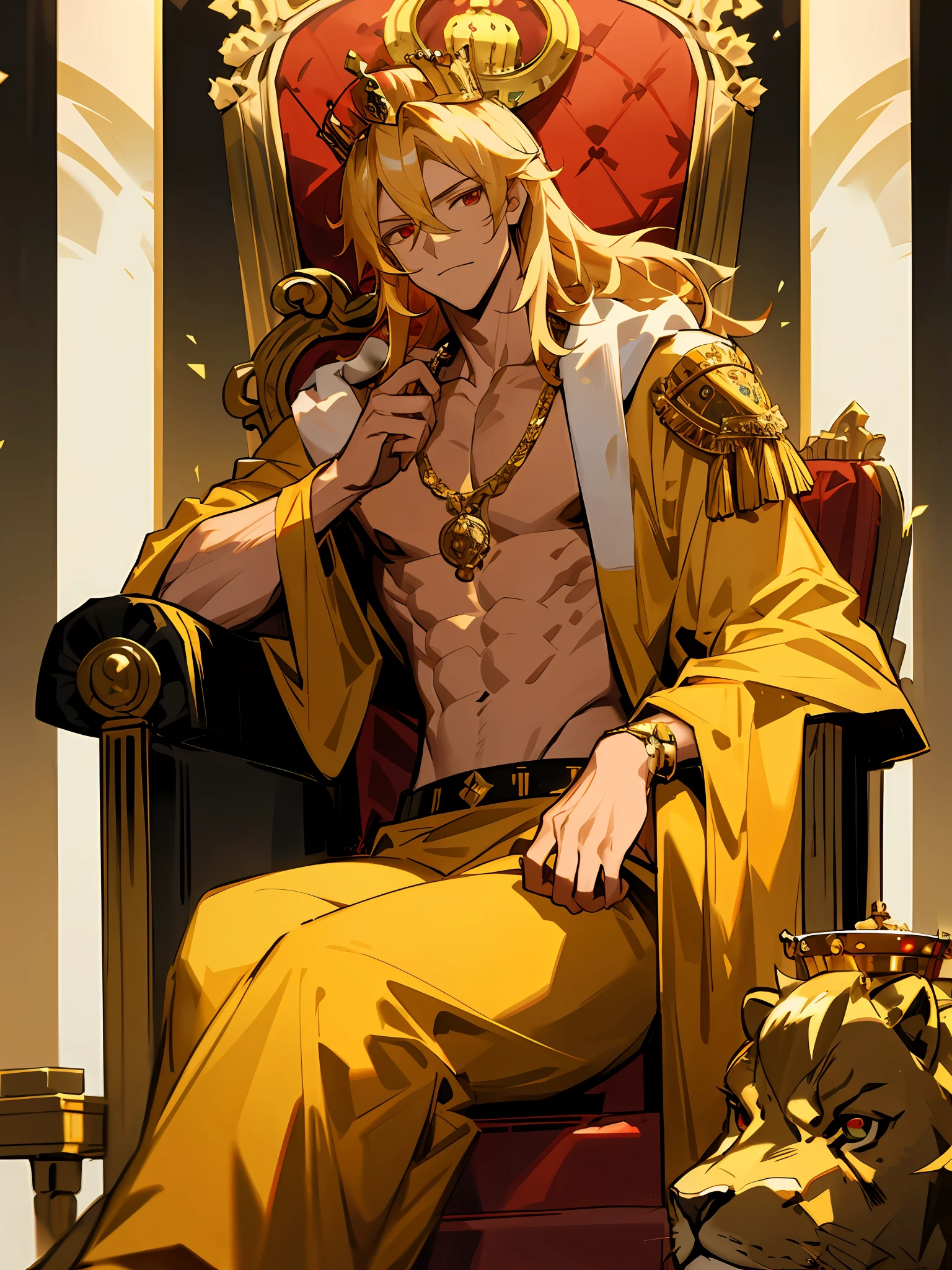 Young man with a crown on his head, kingly air, sitting on a throne with a lion lying at his feet, ornate ornaments, chest muscles, red eyes