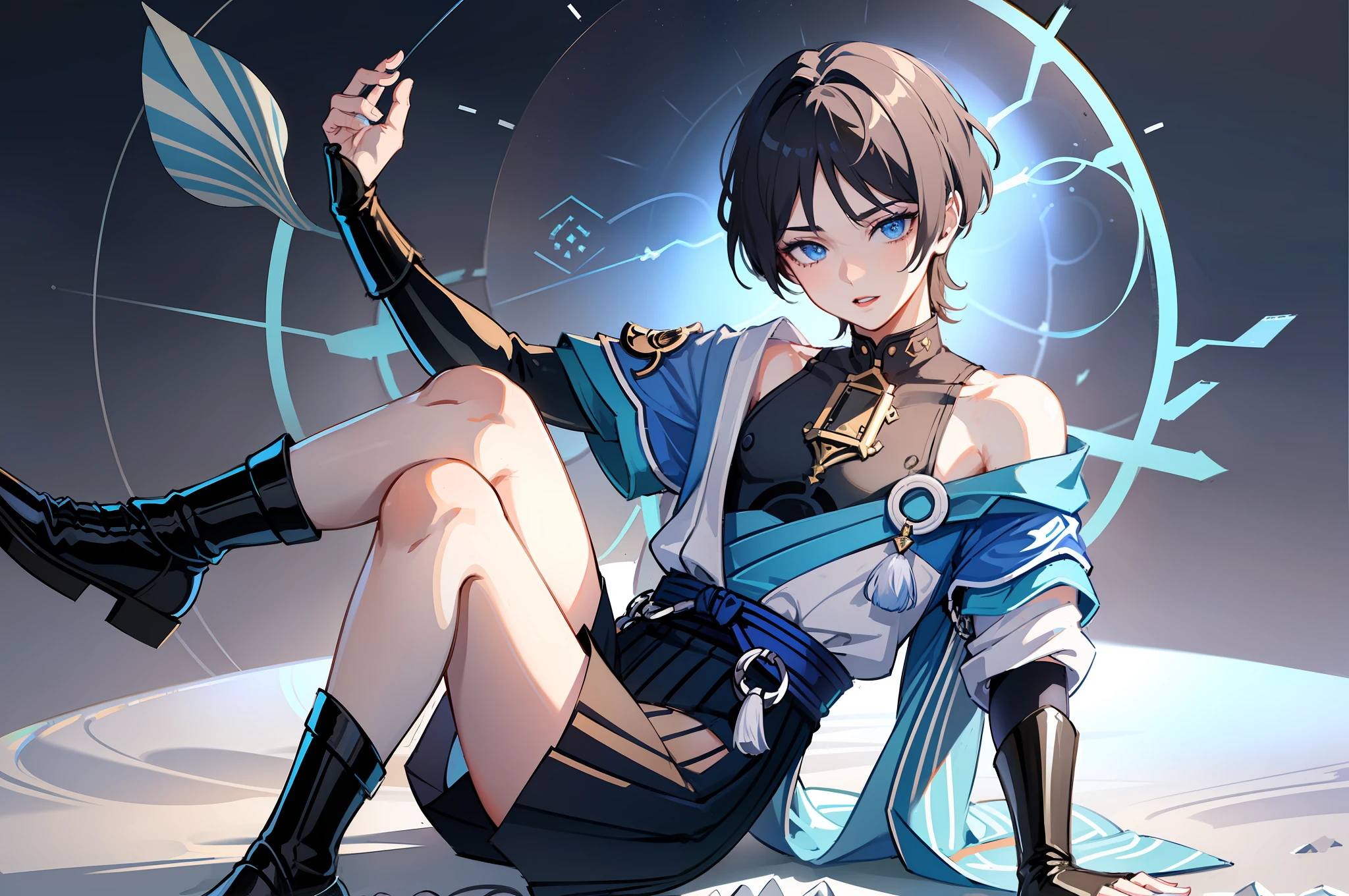 1 boy, , tall, pale skin, completely dark blue eyes, ears like elves, glowing white tattoos all over, blue and white royal costume, sitting on a cloud, looking at the earth on the shoulder, sky in the background, detailed face, detailed hands, detailed legs, detailed fingers, detailed hair, detailed eyes, detailed skin, dynamic lighting, (super realistic), (photo realistic), (masterpiece), (best quality), (male focus: 1.5) (NSFW: 1.5), Correct Limbs, Femboy, (Ahegao: 1.3), Legs Apart, Legs Raised, Wanderer (Genshin), Sexy Expression