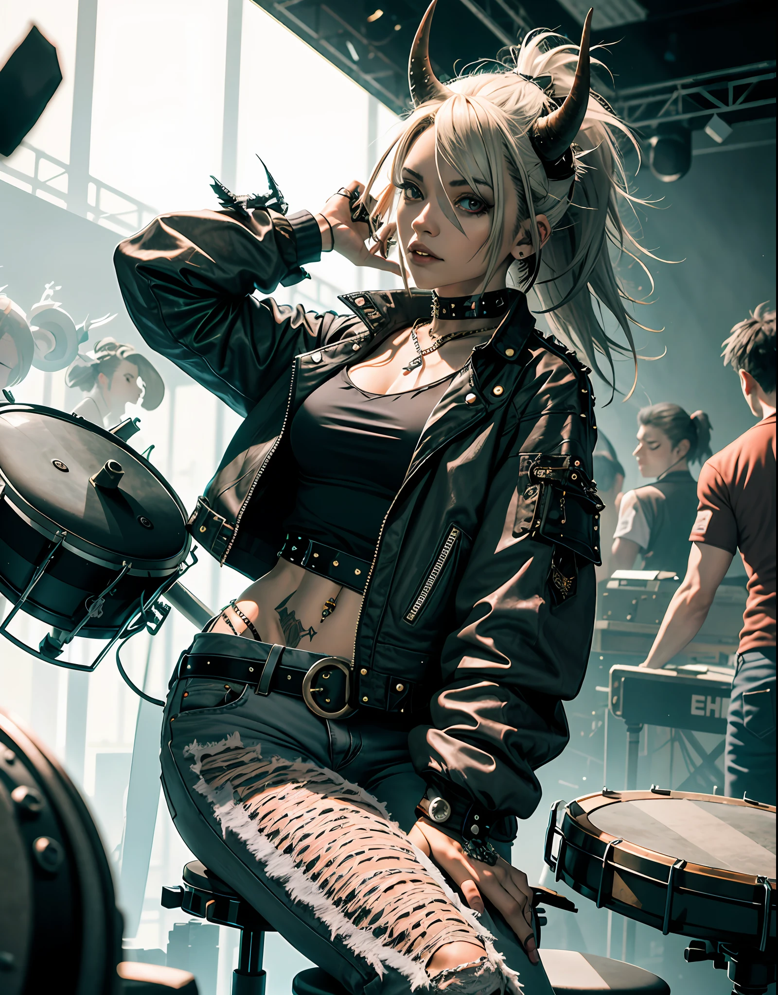 (Masterpiece), (best quality), (8k resolution), (monster girl), (Oni girl), (1 large horn), ((large black horn)), ((pale gray skin)), (iron gray skin), ((punk rock clothes)),((studded jacket)), ((ripped white undershirt)), ((ripped jeans)), ((tall)), (muscular), medium chest, (long hair), (messy hair), (white hair), (iron gray hair), ((on stage)), (drumming), ((drumsticks in hands)), ((sitting at drum kit))