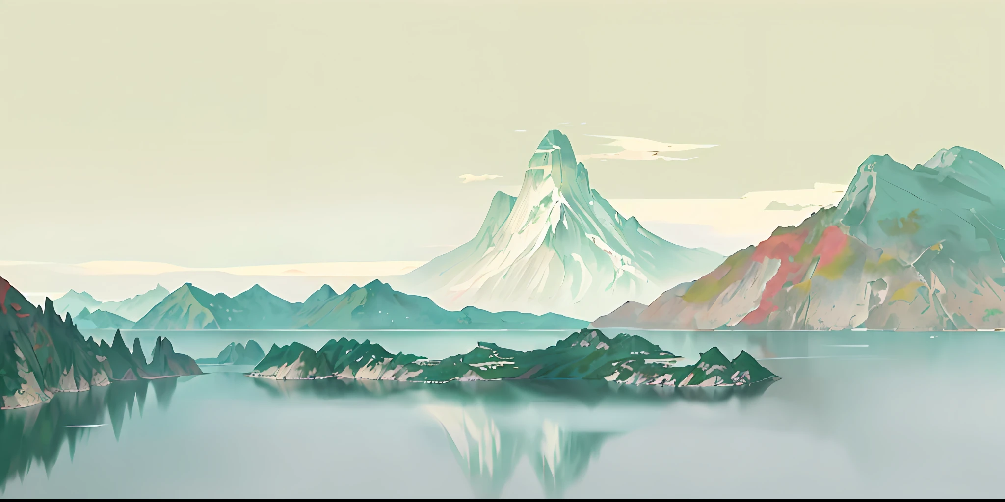 there is a painting of a mountain and a lake with a boat, detailed scenery —width 672, scenery artwork, anime landscape, serene landscape, landscape illustration, japanese landscape, japanese style painting, serene illustration, background artwork, peaceful landscape, scenery art detailed, anime landscape wallpaper, digital landscape art, artwork in the style of z.w. gu