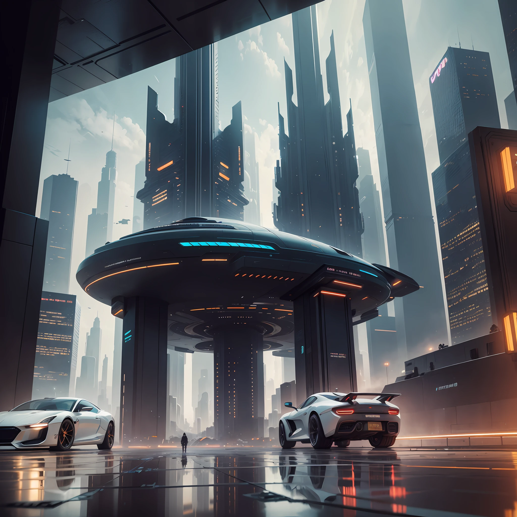 futuristic city, view from below, cars and people well detailed, buildings with windows lit, retro wave, depth of field, reflection light, first person view, UHD, masterpiece, ccurate, super detail, high details, high quality, award-winning, best quality