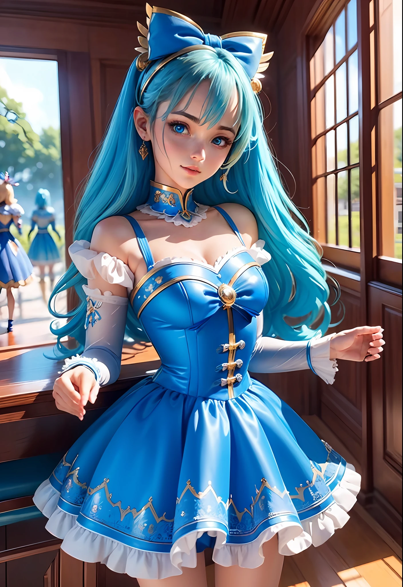 (best quality, masterpiece), ultra-detailed, CG animated comics, blue dress, blue hair, blue dress, bow, girl knight, zodiac, good looks, comics, digital art, extreme, contextual, bright and brilliant, full of vision, dreamy, fantasy illustration, spectacle, magical girl image, art, extreme, art germ joint-stock company