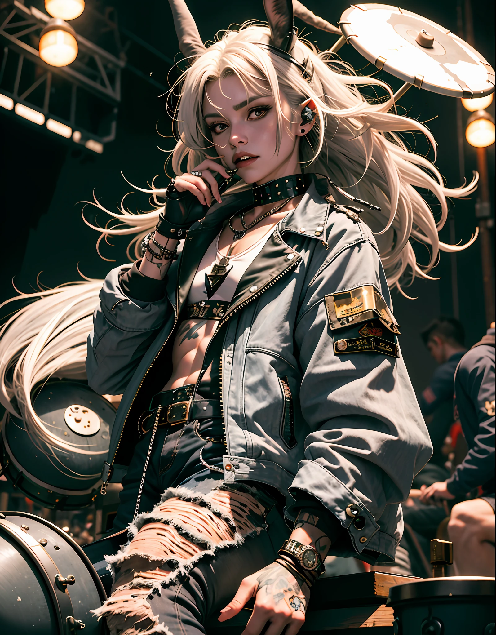 (Masterpiece), (best quality), (8k resolution), (bunny girl), (Oni girl), (1 large horn), ((Rabbit ears)), ((pale gray skin)), (iron gray skin), ((punk rock clothes)),((studded jacket)), ((ripped white undershirt)), ((ripped jeans)), ((tall)), (muscular), medium chest, (long hair), (messy hair), (white hair), (iron gray hair), ((on stage)), (drumming), ((drumsticks in hands)), ((sitting at drum kit))