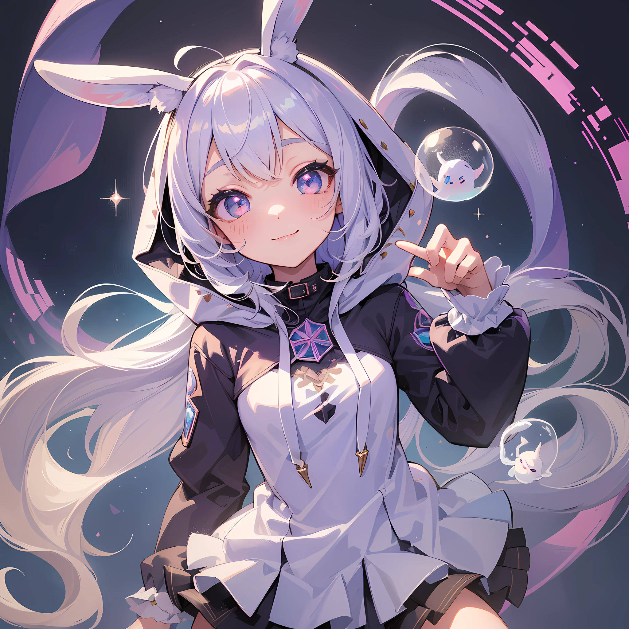 (masterpiece:1.2), (best quality:1.2), perfect lighting, 1girl,(ultra-detailed), (full body:1.2), 1girl,chibi,cute, smile, sparkly, bright ((bunny ears, ghost girl, ghost hoodie,)) costume, bunnies around her, (beautiful cute detailed face), (beautiful detailed big eyes), simple pattern background, bubbles, strobe lights(standing and still pose)