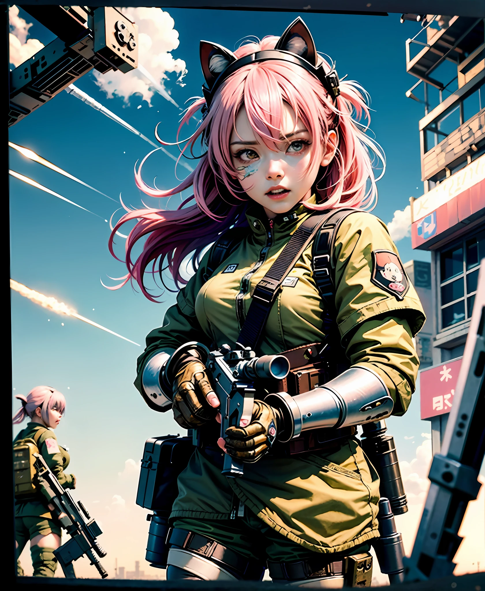 best quality , masterpiece, 4females, kawaii girls with assault rifles in a battle field, in full set of swat armor, kawaii, cute clothes, detailed face, holding gun, assault rifle, military uniform, ((aiming gun at viewer)), depth of field, angry looking. pink hair, white hair, cat ears