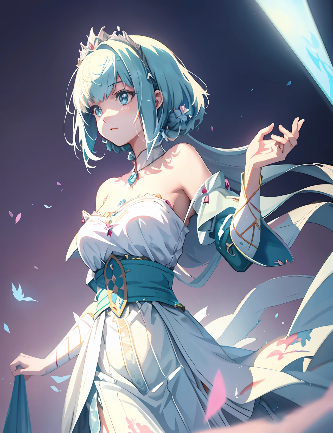 perfectly structured, (watercolor), digital illustration, anime style, dirty, the immaculate (princess of light:1.2), (delicate, sublime:1.2), beautiful beyond words, highly detailed, volumetric lighting, kawaii pastel colors, dynamic composition, sharp and crisp image, done in photoshop