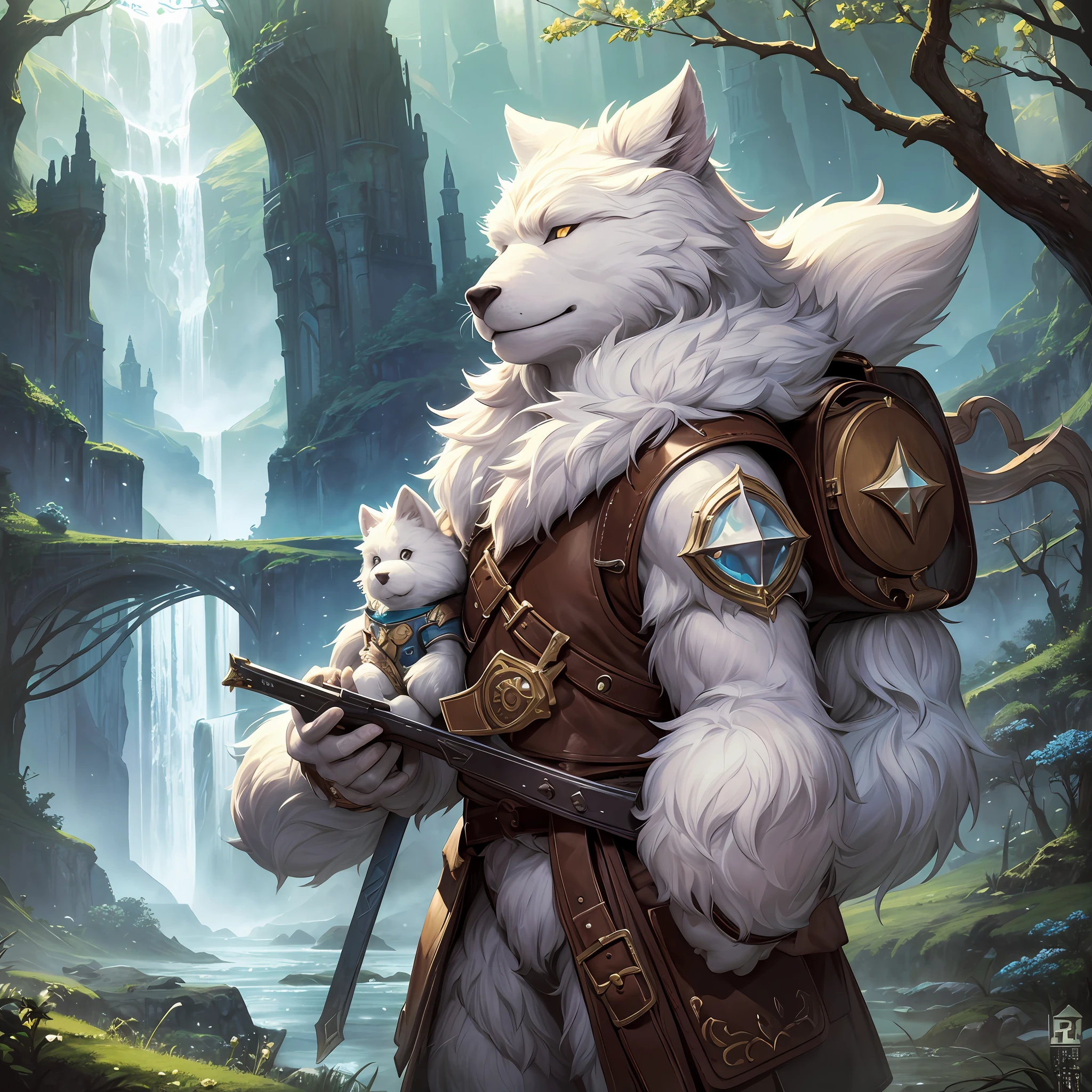 Classic negative portrait photo, fantasy video game character concept art, a cute white furry bear carrying a small brown leather backpack, watching the map hike through the forest, dungeons and dragons, fantasy, river, haze, halo, bloom, dramatic atmosphere, dark fantasy movie from the 1970s, centered, rule of thirds --auto --s2