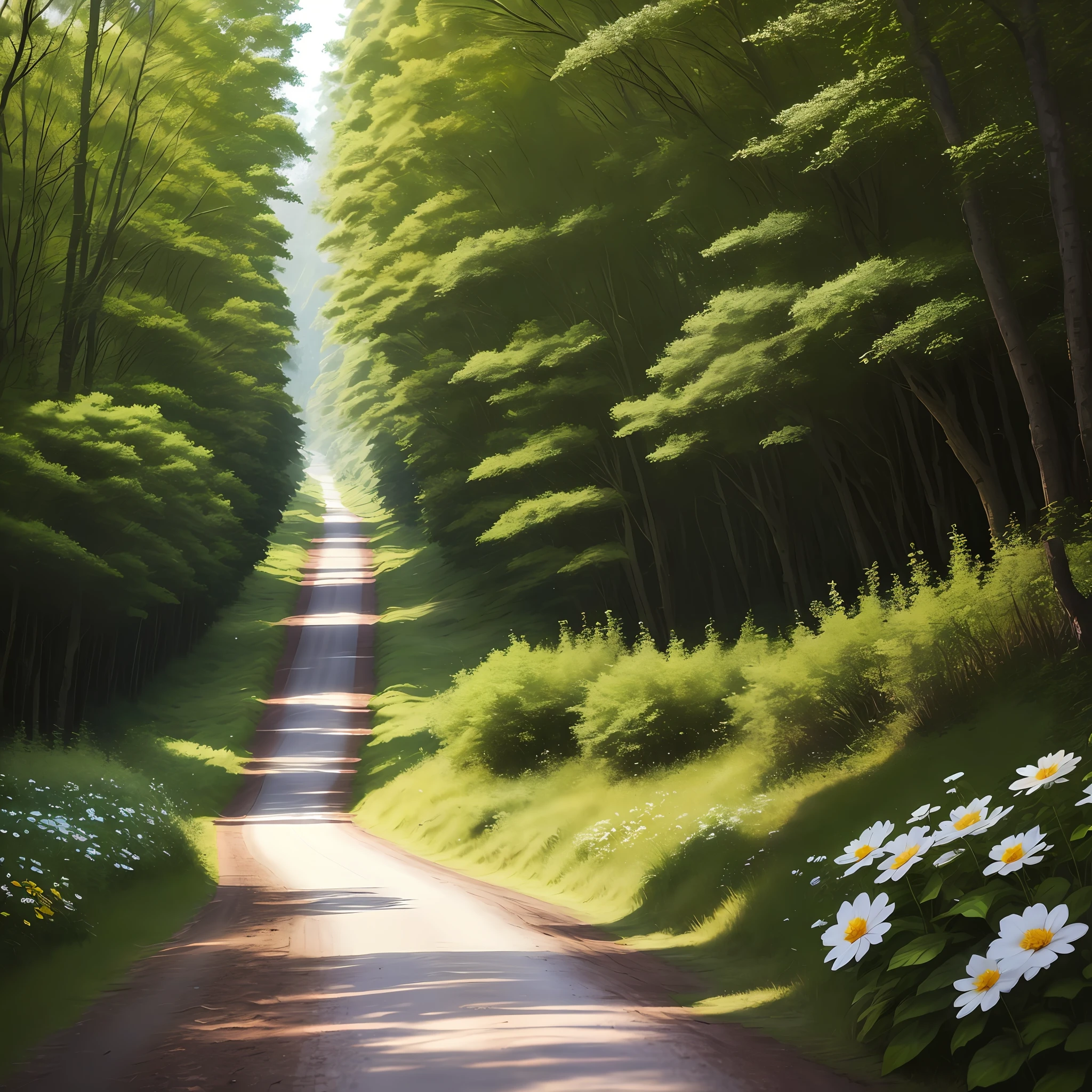 Road in the Forest,flower,lover walk face to face,
