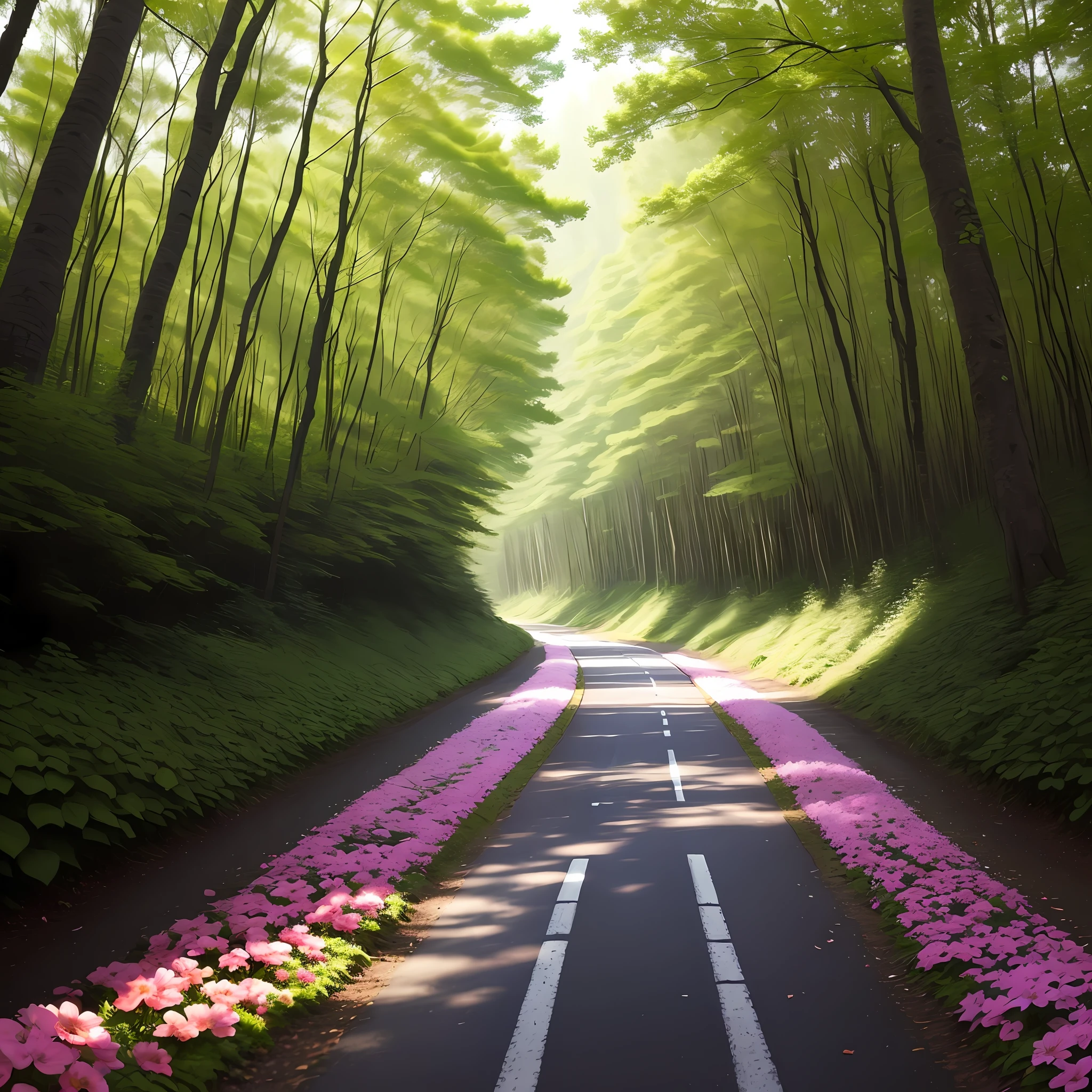 Road in the Forest,flower,lover walk face to face,