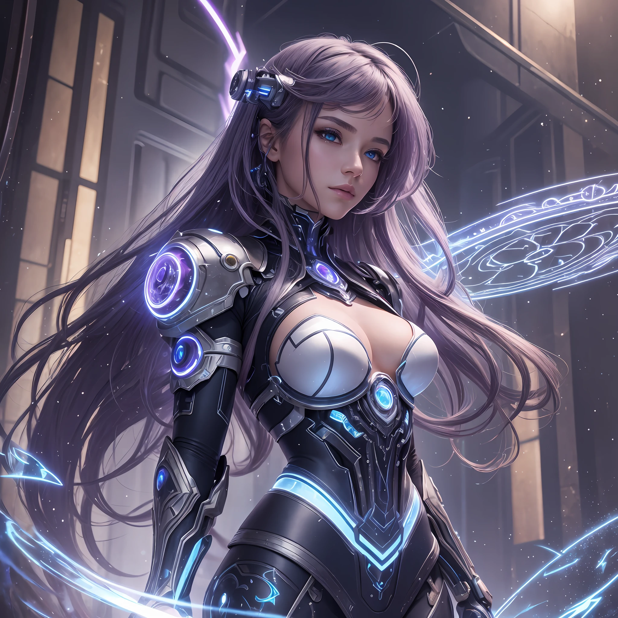 A stunningly detailed and breathtaking cyborg girl sorceror, wearing a modest and elegant outfit, surrounded by mystical and magical elements, captured in ultra-high-resolution and best quality CG imagery. --auto --s2
