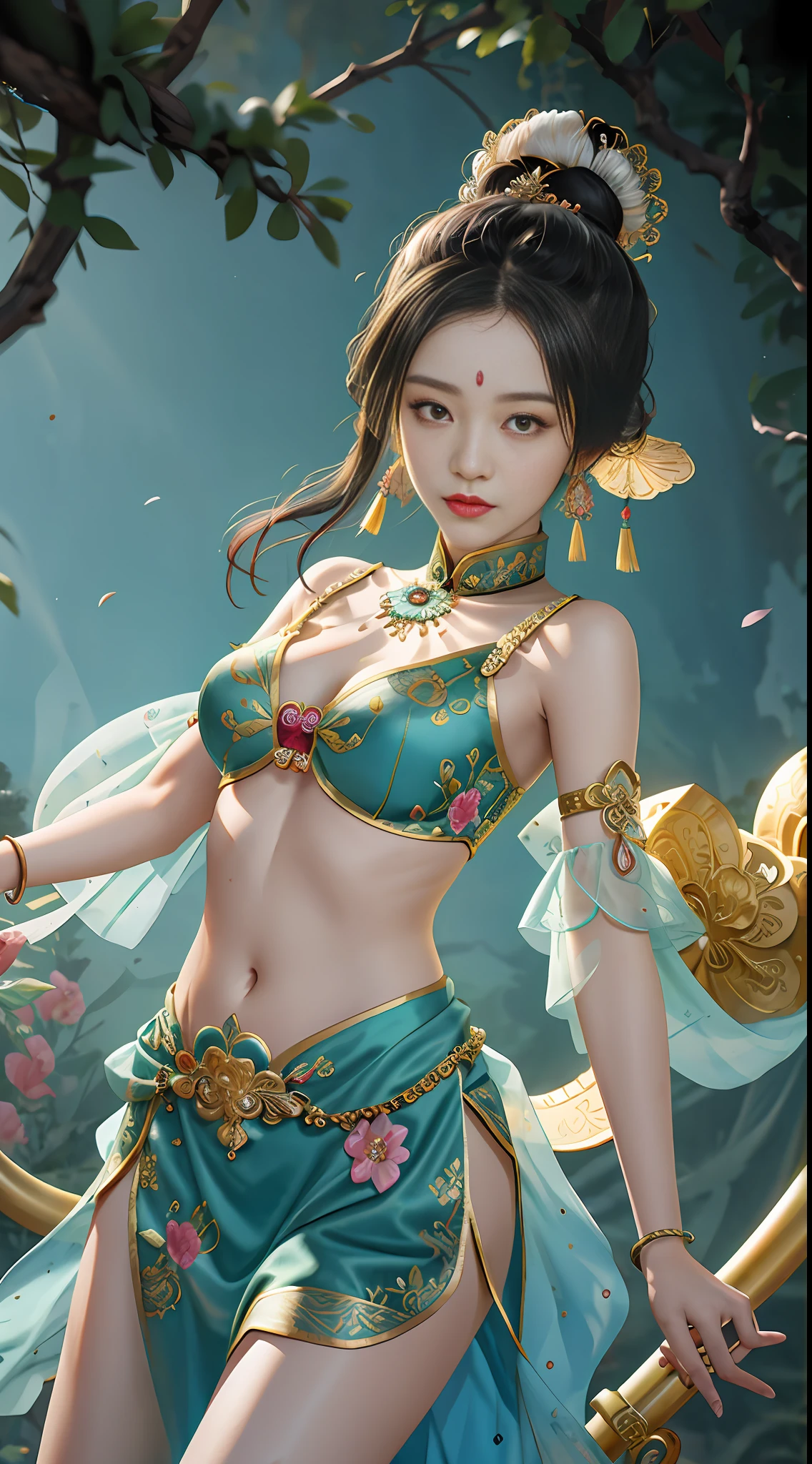 An ancient Chinese beauty with gorgeous costumes embroidered with intricate embroidery, with transparent colorful streamers tied around her arms, flowing, showing her navel, bare shoulders, open neck with buns, flower hairpins, armbands tied with streamers, bracelets, anklets , with metal chain tassels around the waist, Mogao Grottoes art, Dunhuang Flying Apsaras mural inspiration, ink wash, cgstation popular --v 6