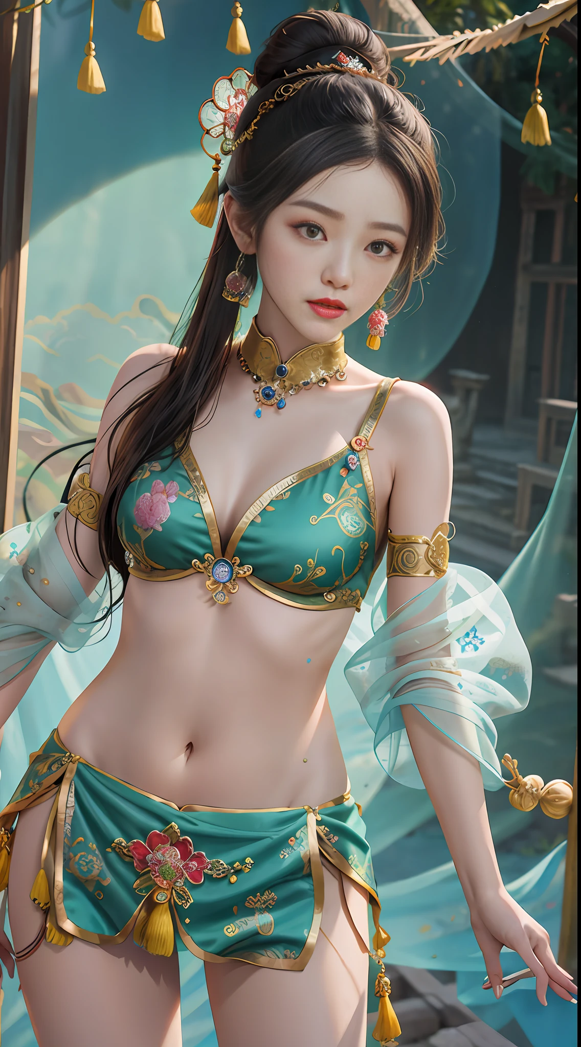 An ancient Chinese beauty with gorgeous costumes embroidered with intricate embroidery, with transparent colorful streamers tied around her arms, flowing, showing her navel, bare shoulders, open neck with buns, flower hairpins, armbands tied with streamers, bracelets, anklets , with metal chain tassels around the waist, Mogao Grottoes art, Dunhuang Flying Apsaras mural inspiration, ink wash, cgstation popular --v 6