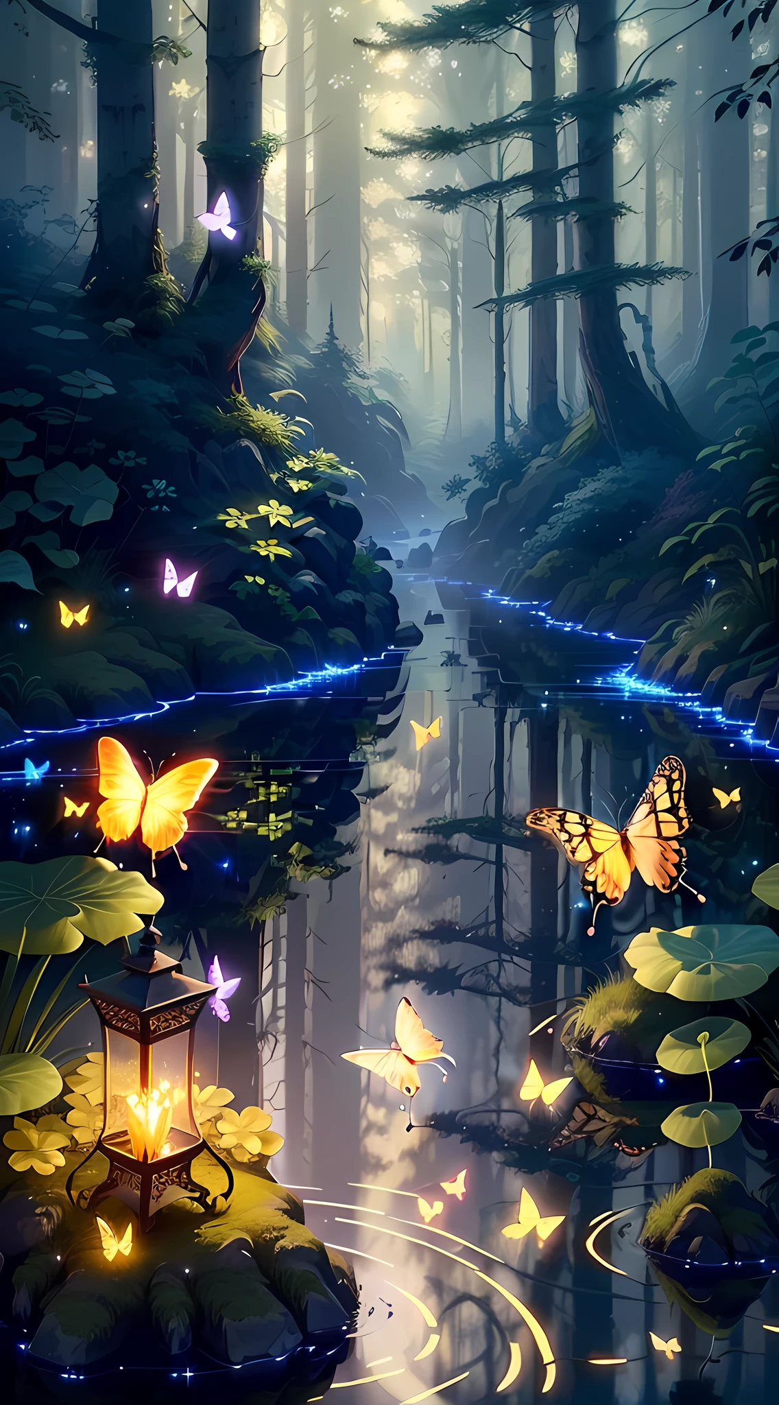 A masterpiece, the best quality, stunning reflections, the best reflections ever. (very detailed CG unity 8k wallpapers), (best quality), (best illustrations), (best shadows), forest theme with natural elements. Tall trees, quiet streams, small glowing mushrooms surrounded by delicate leaves and branches, with fireflies and glowing particle effects,, (natural elements), (jungle theme), (leaves), (twigs), (fireflies), butterflies, (delicate leaves), (glow), (particle effects). , Isometric 3D, Octane Rendering, Ray Traced, Super Detailed