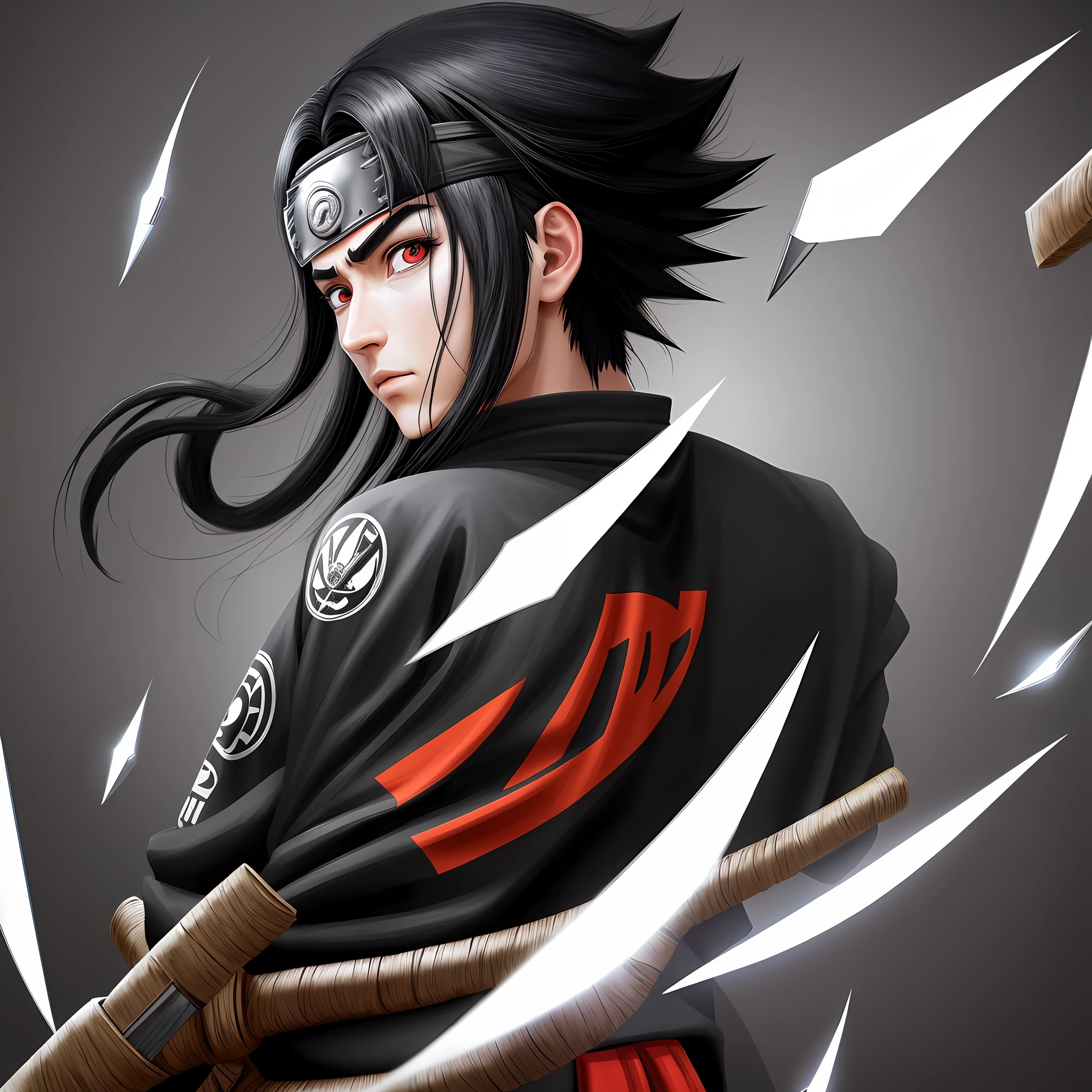 black hair, Line art, Kunai Naruto, Surrealism, anime, 8k, super detail,man,face zoom, hand