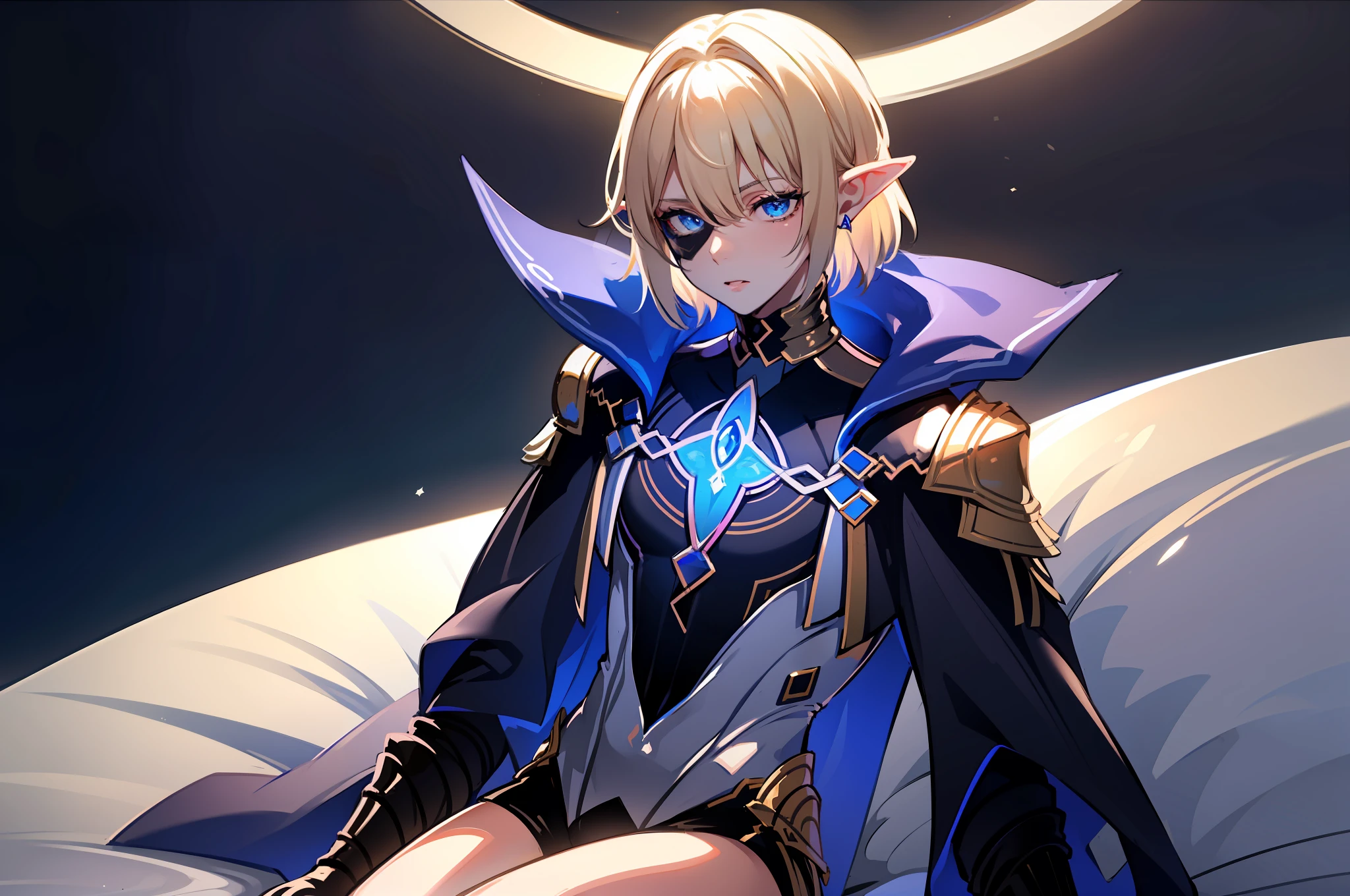 1 boy, 17 years old, tall, medium blonde hair, pale skin, completely blue eyes, ears like elves, glowing white tattoos all over, black and blue royal costume, sitting on a cloud, looking at the earth on the shoulder, sky in the background, detailed face, detailed hands, detailed legs, detailed fingers, detailed hair, detailed eyes, detailed skin, dynamic lighting, 8K UHD, (super realistic), (photo realistic), (masterpiece), (best quality), (Male focus: 1.5) (NSFW: 1.5), correct limbs, femboy, (ahegao: 1.3), legs apart, legs raised, mask