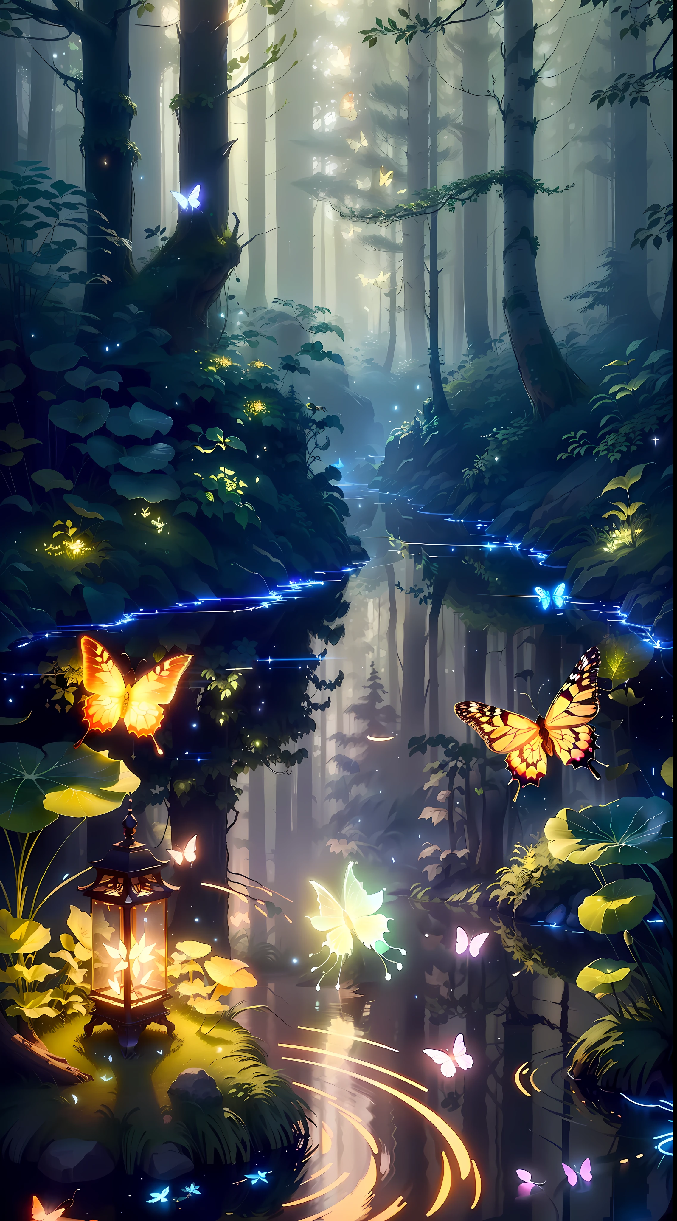 A masterpiece, the best quality, stunning reflections, the best reflections ever. (very detailed CG unity 8k wallpapers), (best quality), (best illustrations), (best shadows), forest theme with natural elements. Tall trees, quiet streams, small glowing mushrooms surrounded by delicate leaves and branches, with fireflies and glowing particle effects,, (natural elements), (jungle theme), (leaves), (twigs), (fireflies), butterflies, (delicate leaves), (glow), (particle effects). , Isometric 3D, Octane Rendering, Ray Traced, Super Detailed