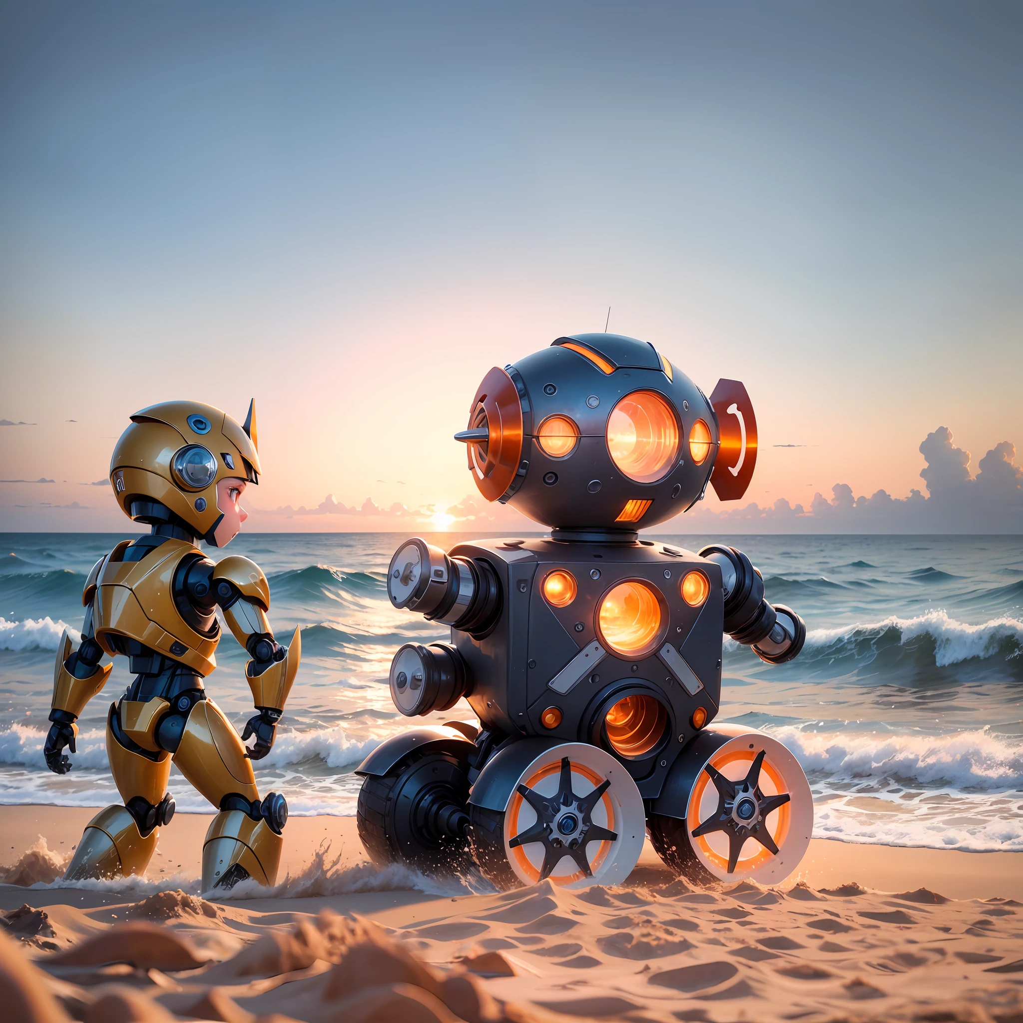 Absolutely mesmerizing sunsets on the beach with children having fun on the beach with a mix of orange, pink and yellow in the sky. The water is crystal clear, gently kissing the shore, and the white sand is boundless. The scene is dynamic and breathtaking, seagulls soar high in the sky, a robot stands by the beach, guarding the safety of children, robot steel metal [rusty], elegant, clear focus, soft lighting, cool shapes, masterpieces, dynamic poses --auto --s2