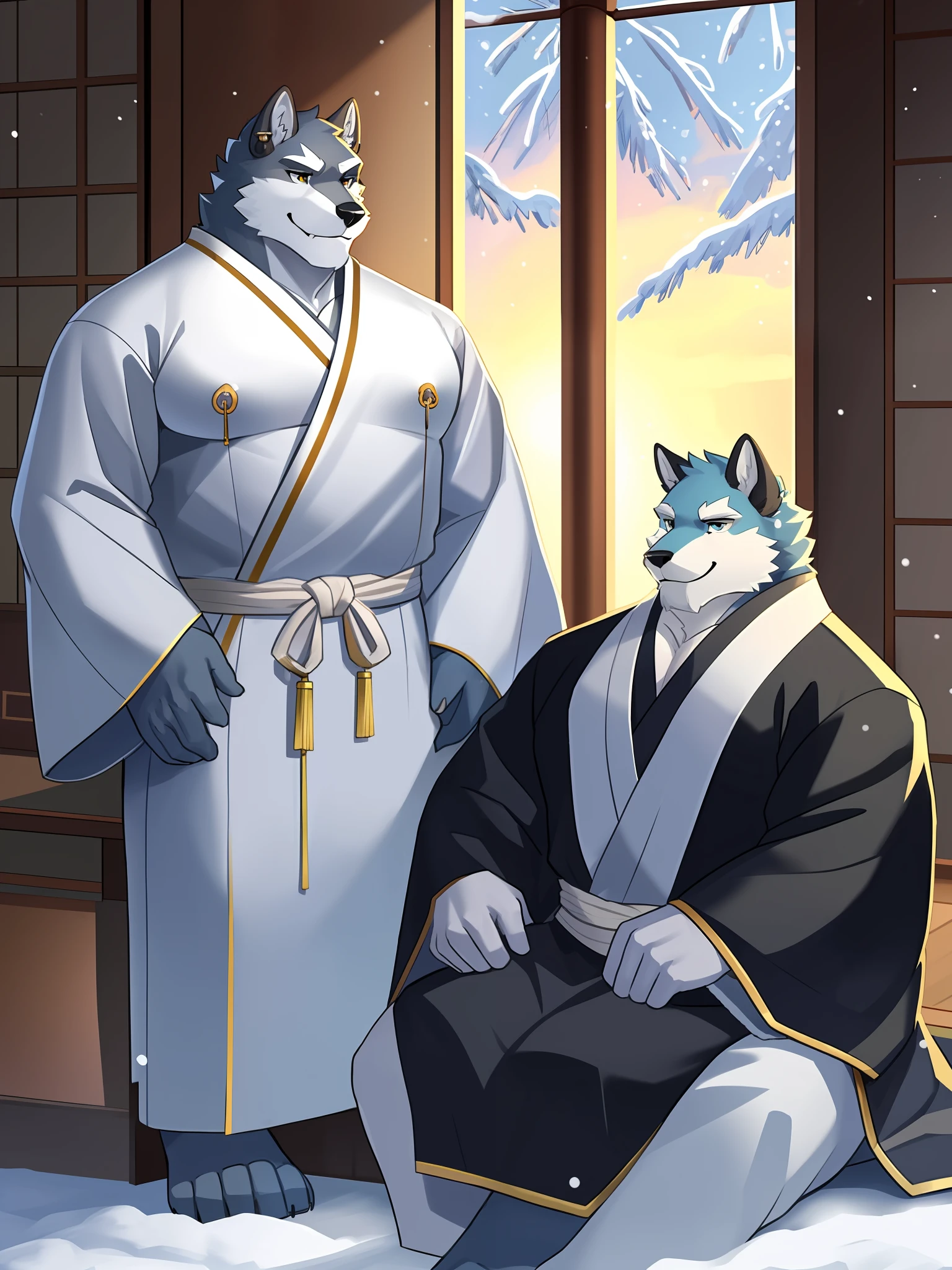 (morning), 1volibear, 独奏, 看着观众, winter, smile,肌肉男，beard,middle-aged，white fundoshi,((open) black kimono)，japanese traditional clothes,picture quality, full color, extreme detail,sit down,stud earrings,nipple ring,full body close-up, exquisite painting style,Tall Resolution, Downloads, 8k HD, Extreme Detail, Detailed Backgrounds,