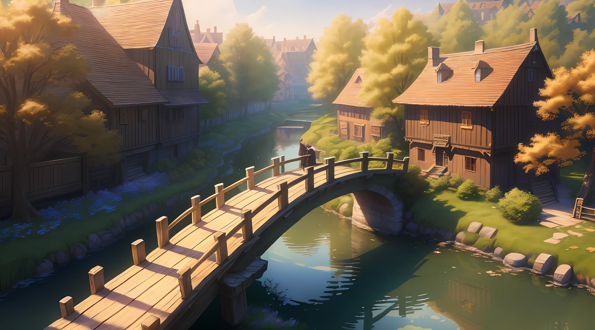 Masterpiece, best quality, (very detailed CG unit 8k wallpaper) (best quality), (best illustration), (best shadows) a villager on a wooden bridge, looking at a small medieval town, delicate sheets of petals of various colors falling into the air, ray tracing, ultra detailed, aeria view --v6